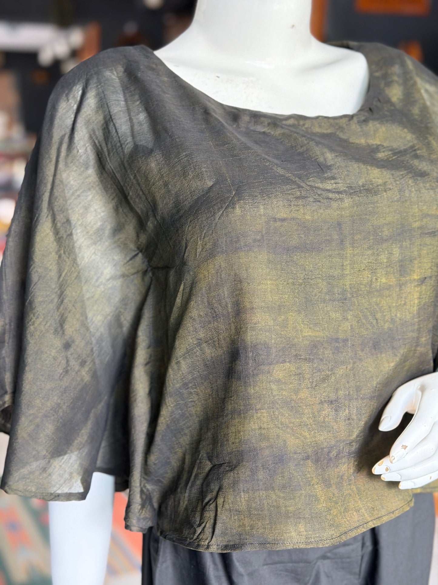 Mehendi green handwoven silk cotton kaftan style top