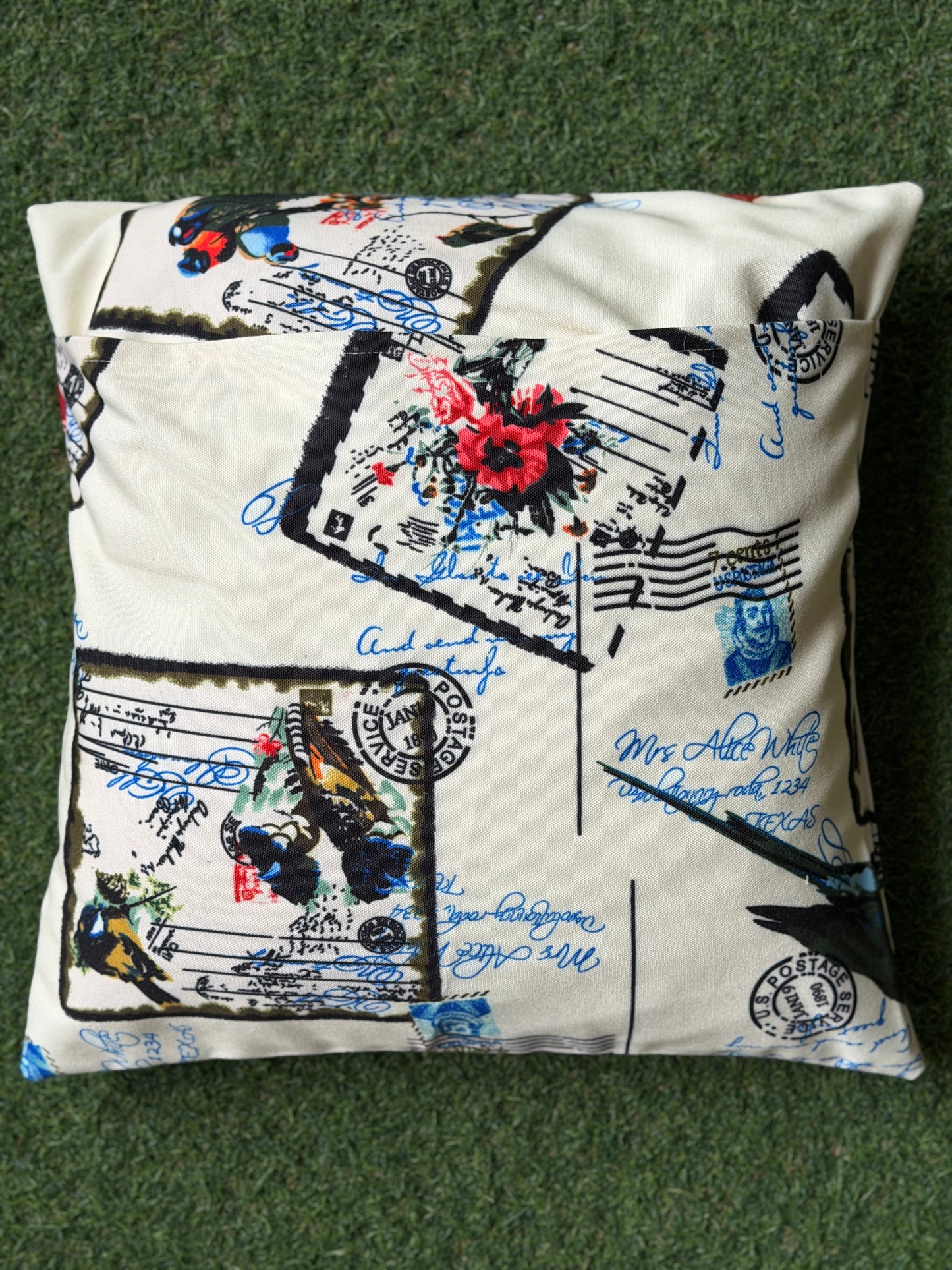 Vintage post card look cream cushion cover