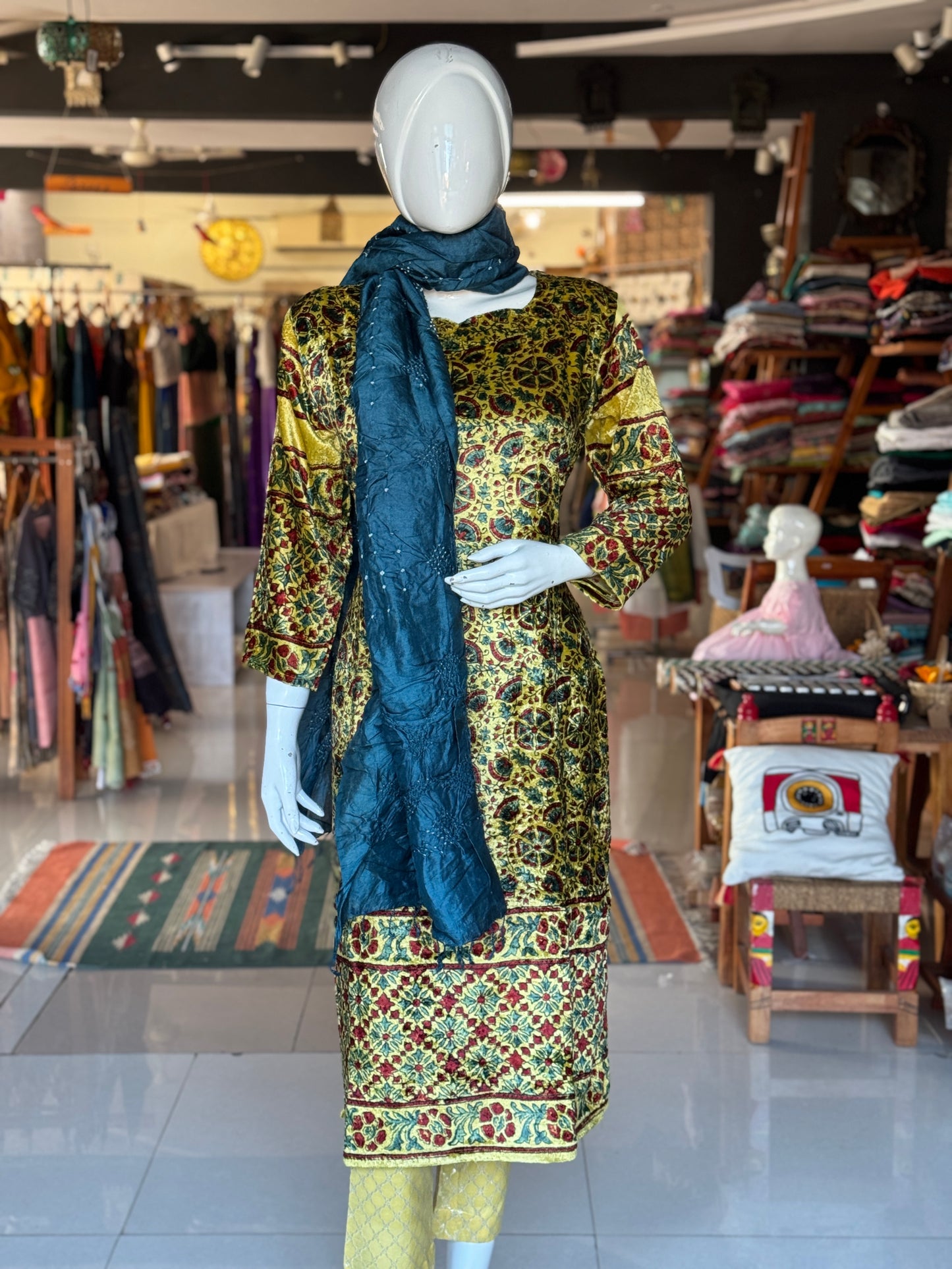 Yellow velvet straight kurti with Ajrakh hand block prints and long sleeves