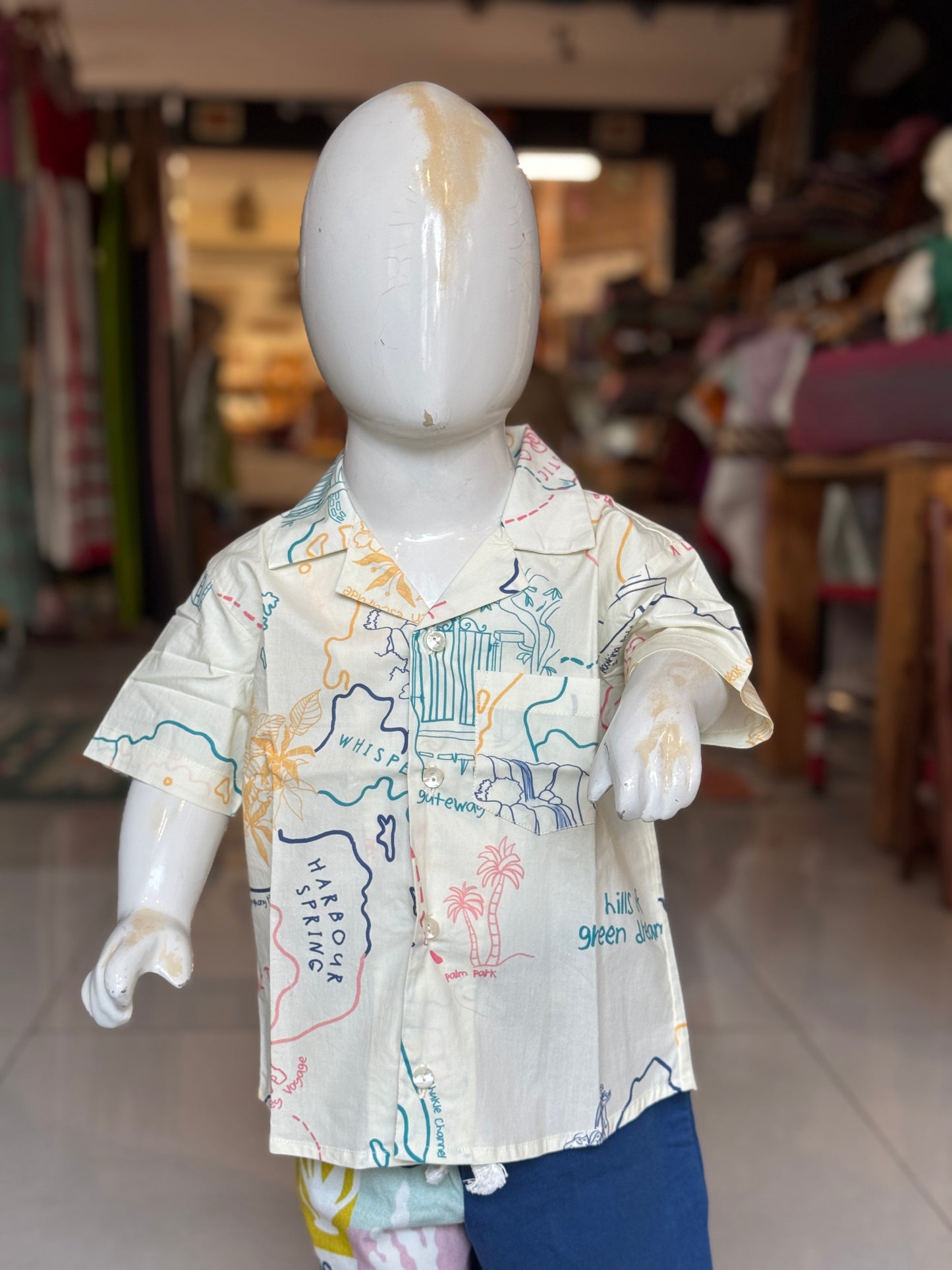 Trees n rivers prints on off-white short sleeved shirt for boys