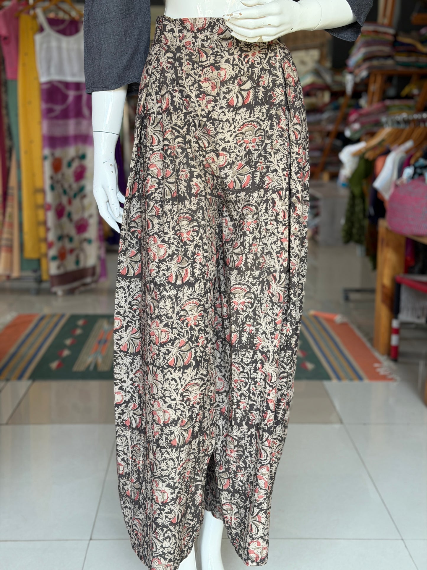 Black Kalamkari hand block printed cotton barrel pants