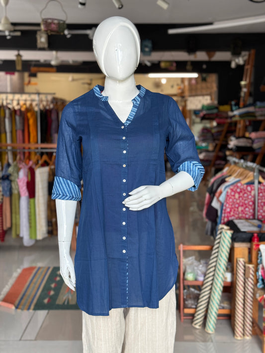 Indigo blue needle Shibori tie n dye cotton Shibori short kurti with foldable cuff