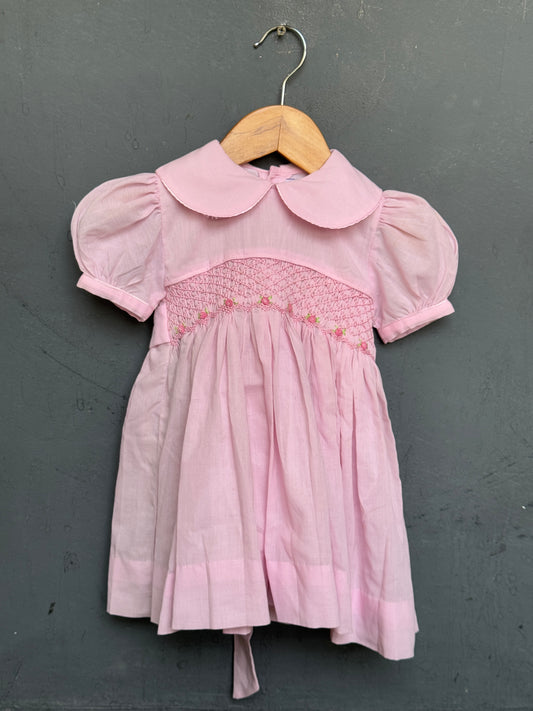 Baby pink hand embroidered smocking cotton frock for little girls