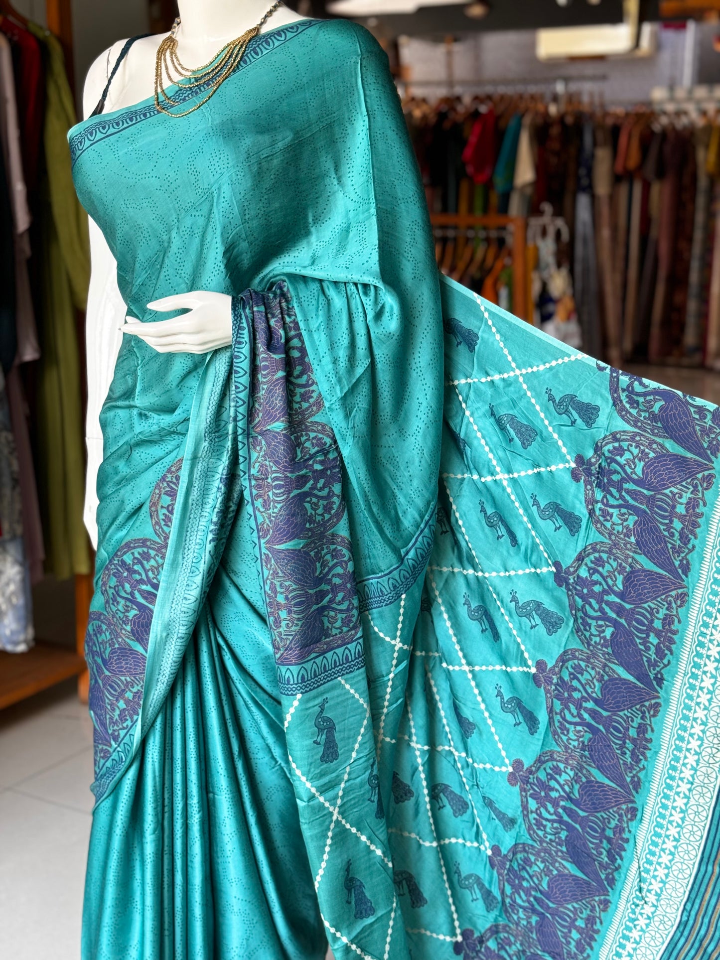 Turquoise hand block print designer modal saree