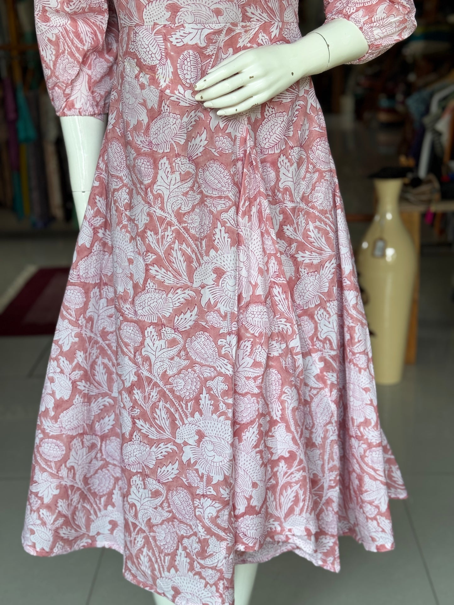 Peach floral handblock printed cotton dress with fancy skirt