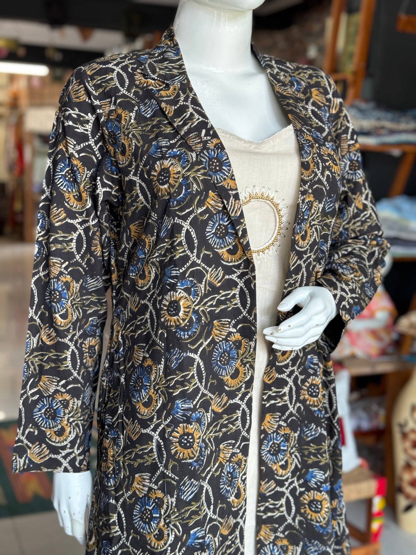 Black floral hand block printed cotton long jacket with sleeves