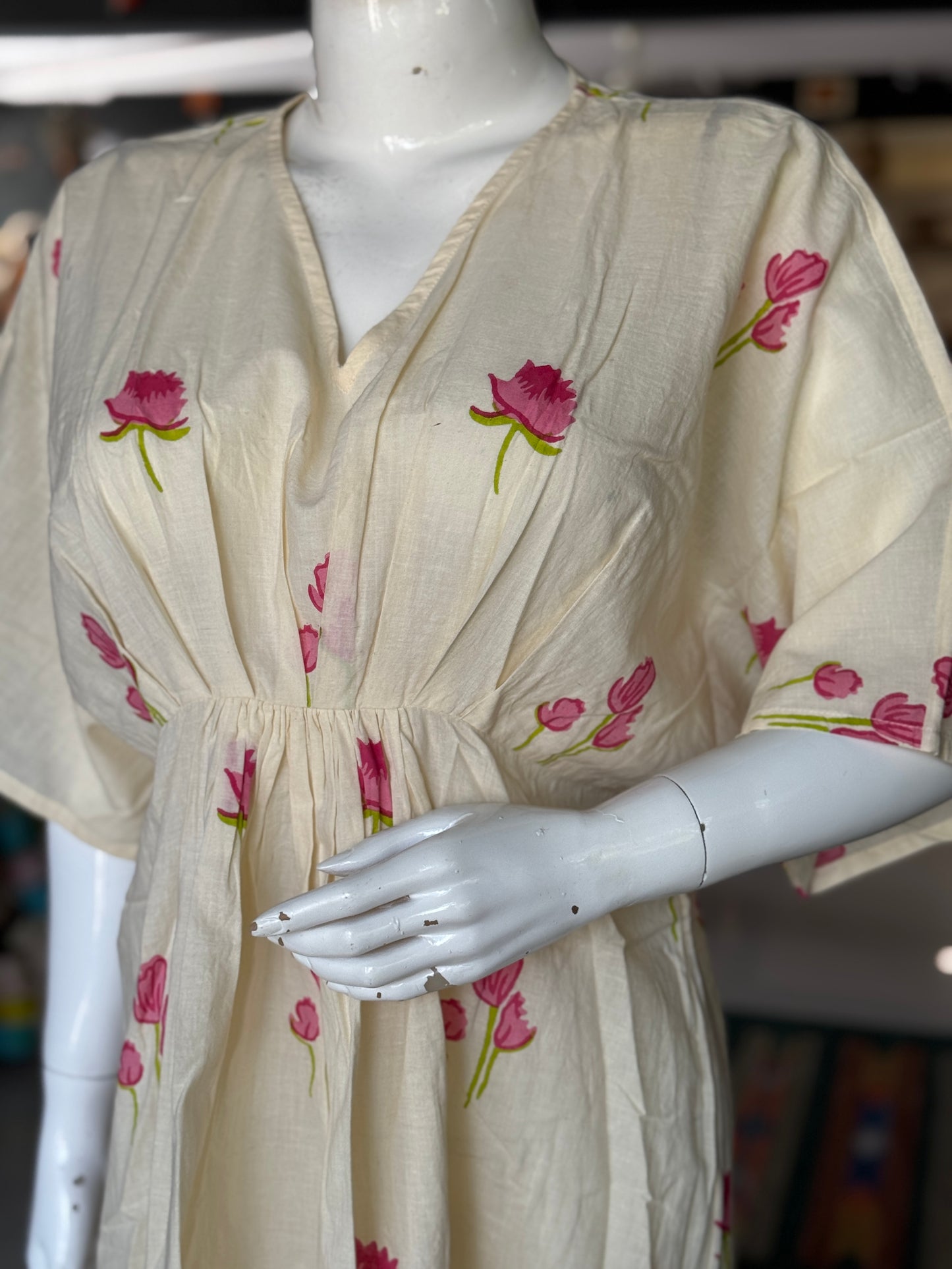 Cream cotton hand block printed kaftan dress with pink motifs