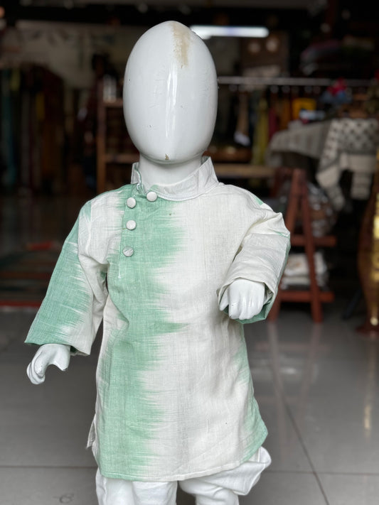 White and green cotton handwoven long kurta for boys with side placket