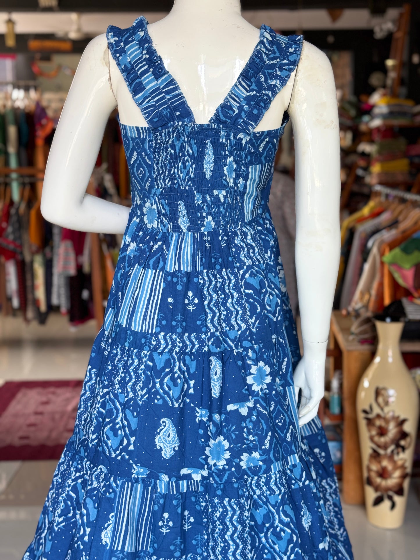 Blue patch work look hand block printed designer sleeveless tiered cotton dress with smocking back