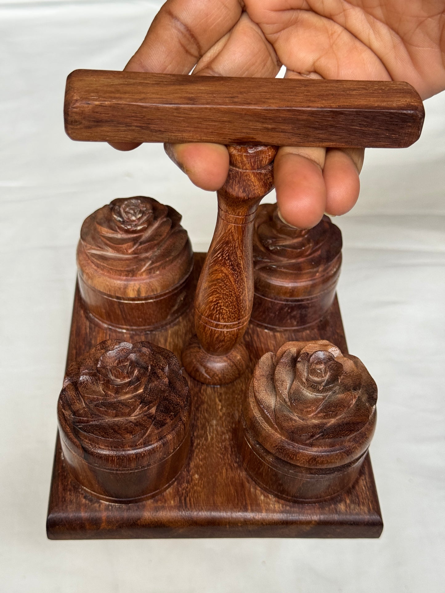 Carry pooja essentials together - handcrafted wood small haldi kumkum chandan akshat boxes with rose on top - with handle and attached to base