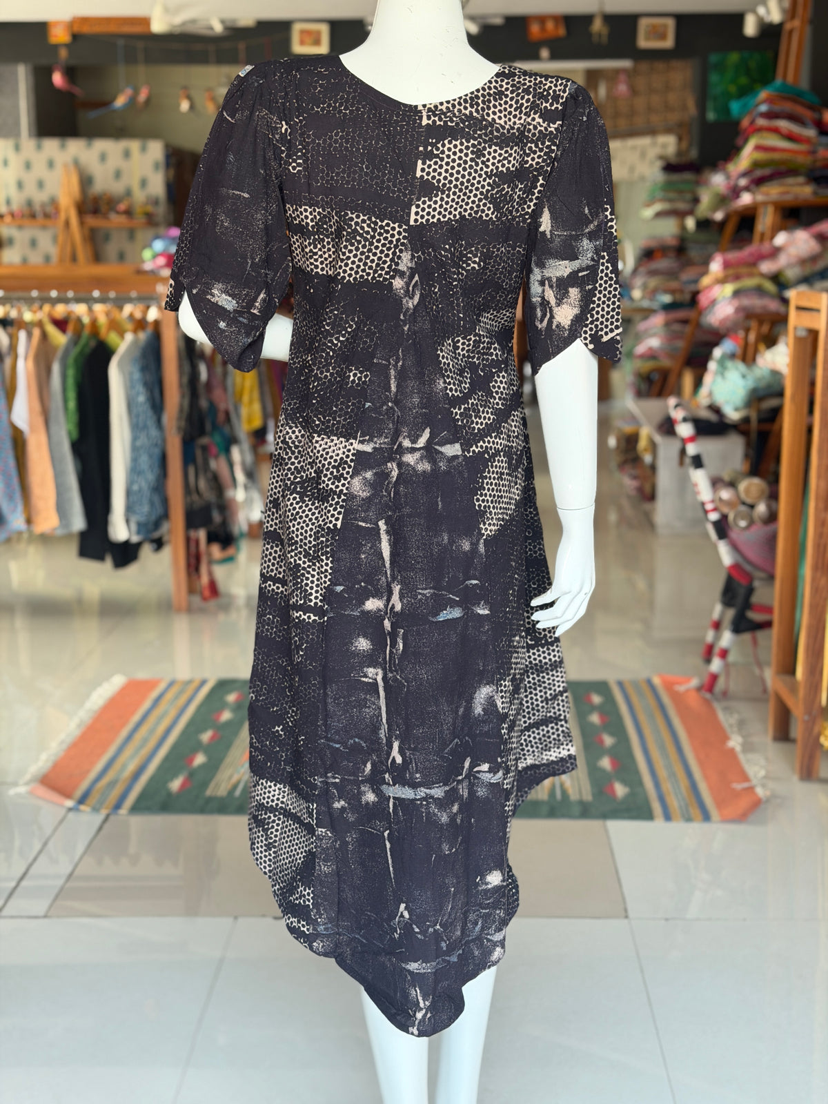 Black and beige hand block printed cotton dress