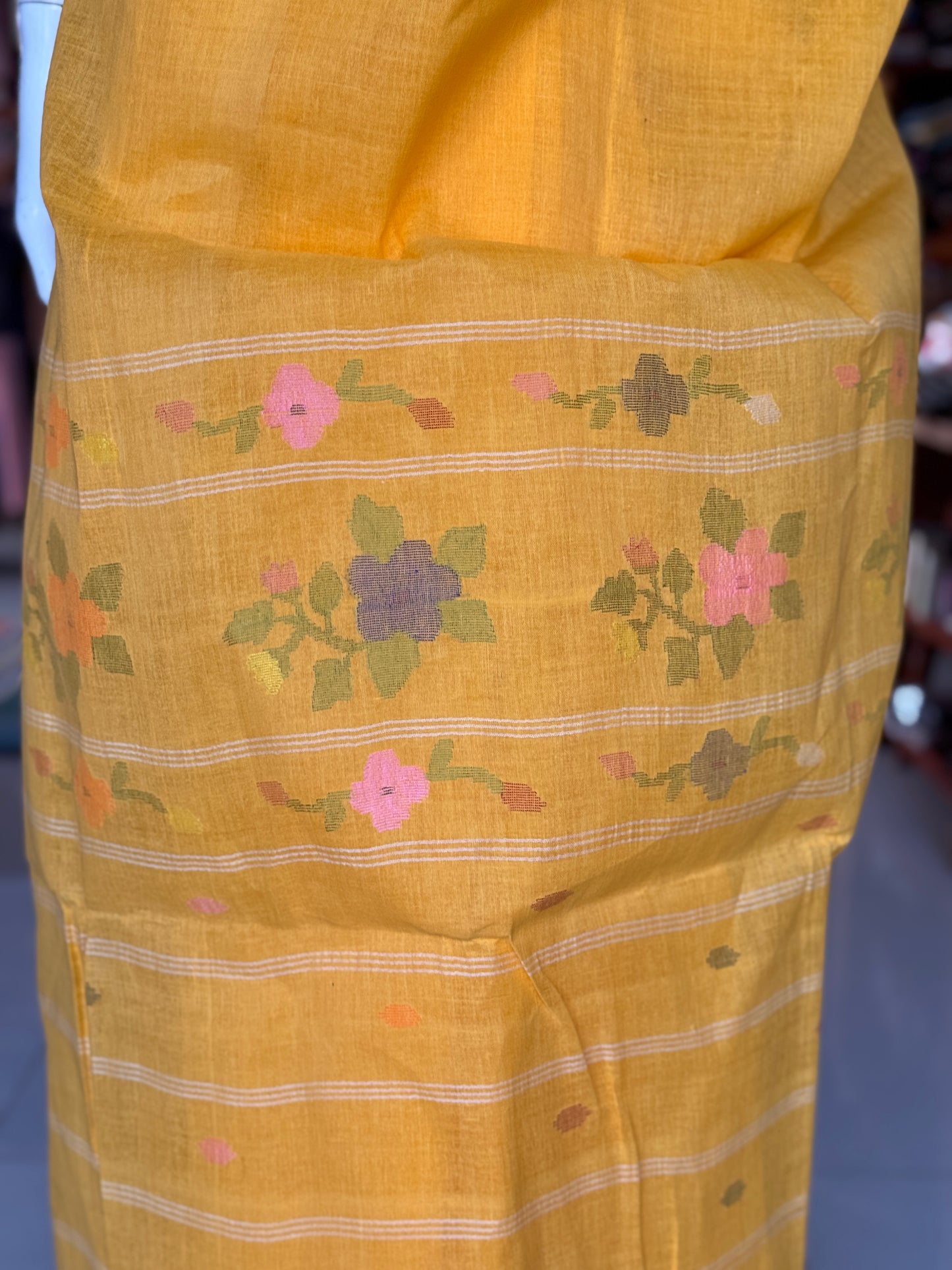 Auspicious yellow cotton handwoven Manipuri Moirangphi saree