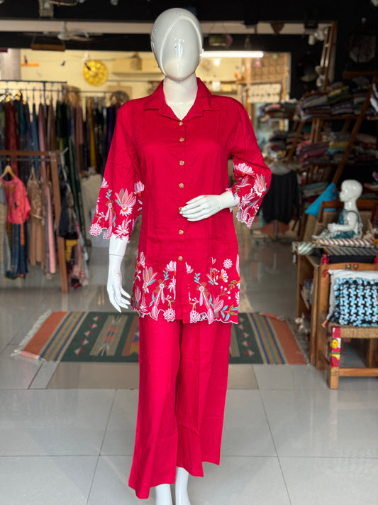 Pinkish red collared jacquard cotton embroidered top with long sleeves and pants - coord set