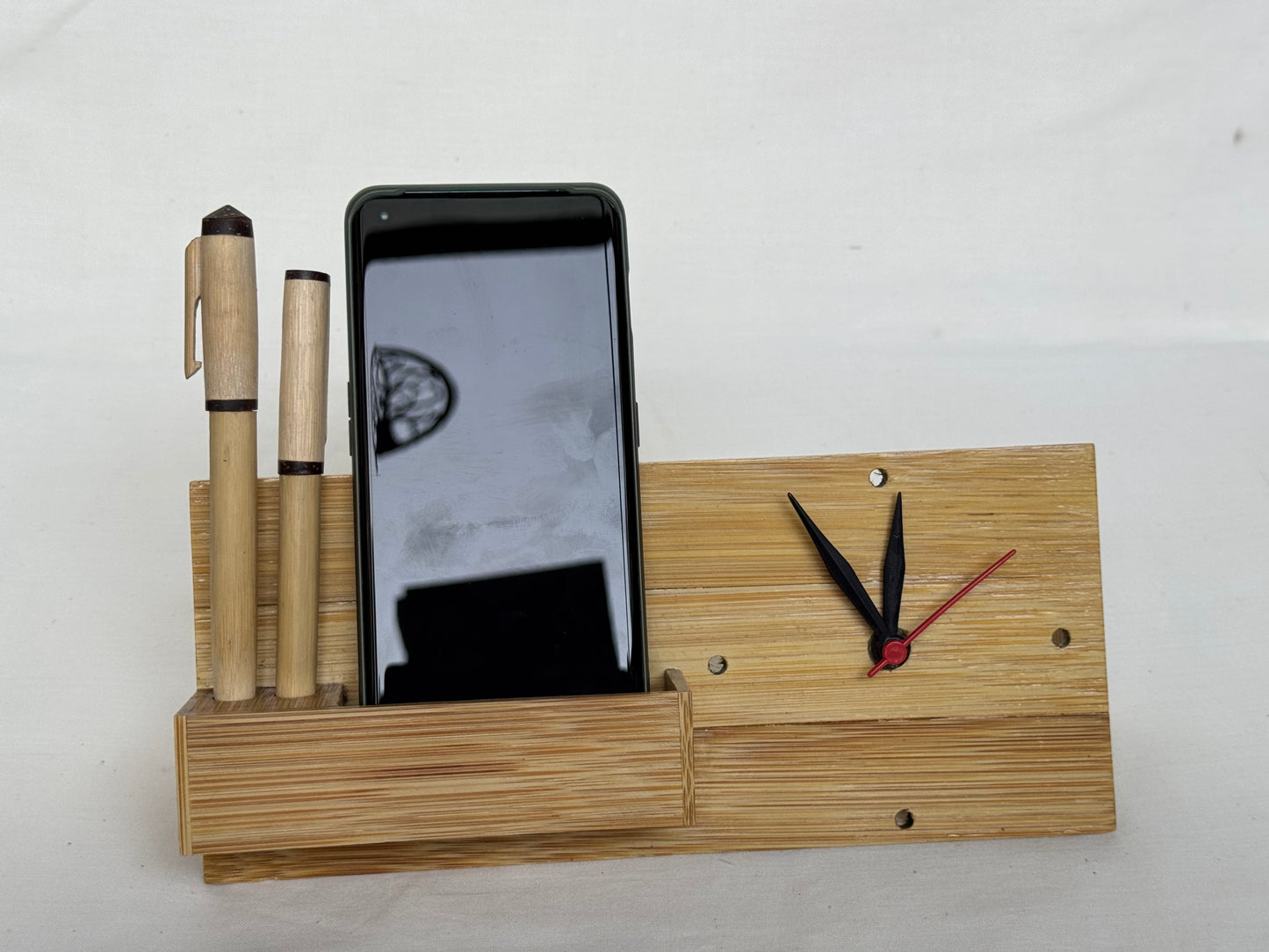 Bamboo desk organizer with card holder, pen stand and clock