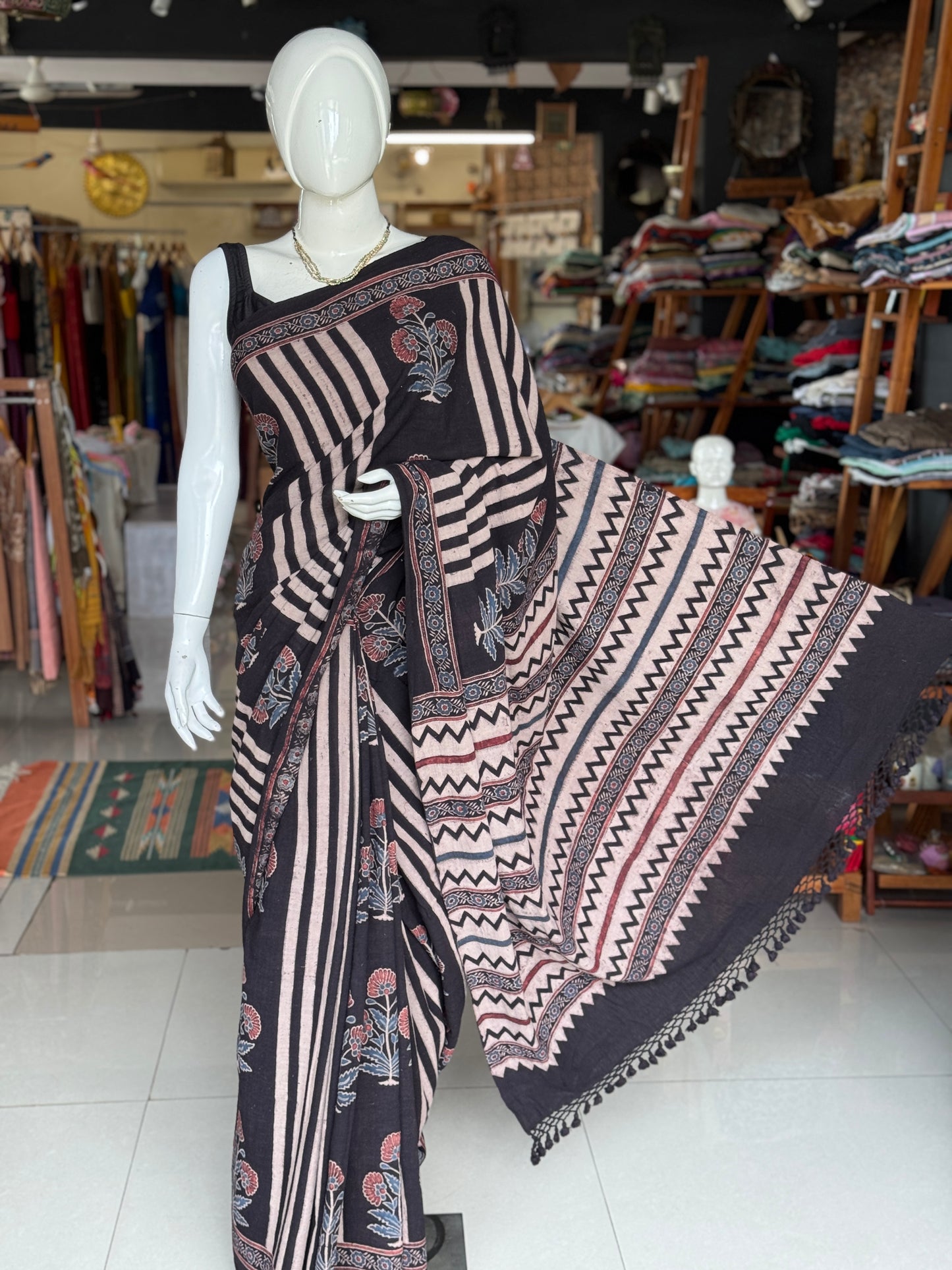 Kala cotton hand woven saree with black stripes and flowers Ajrakh hand block print