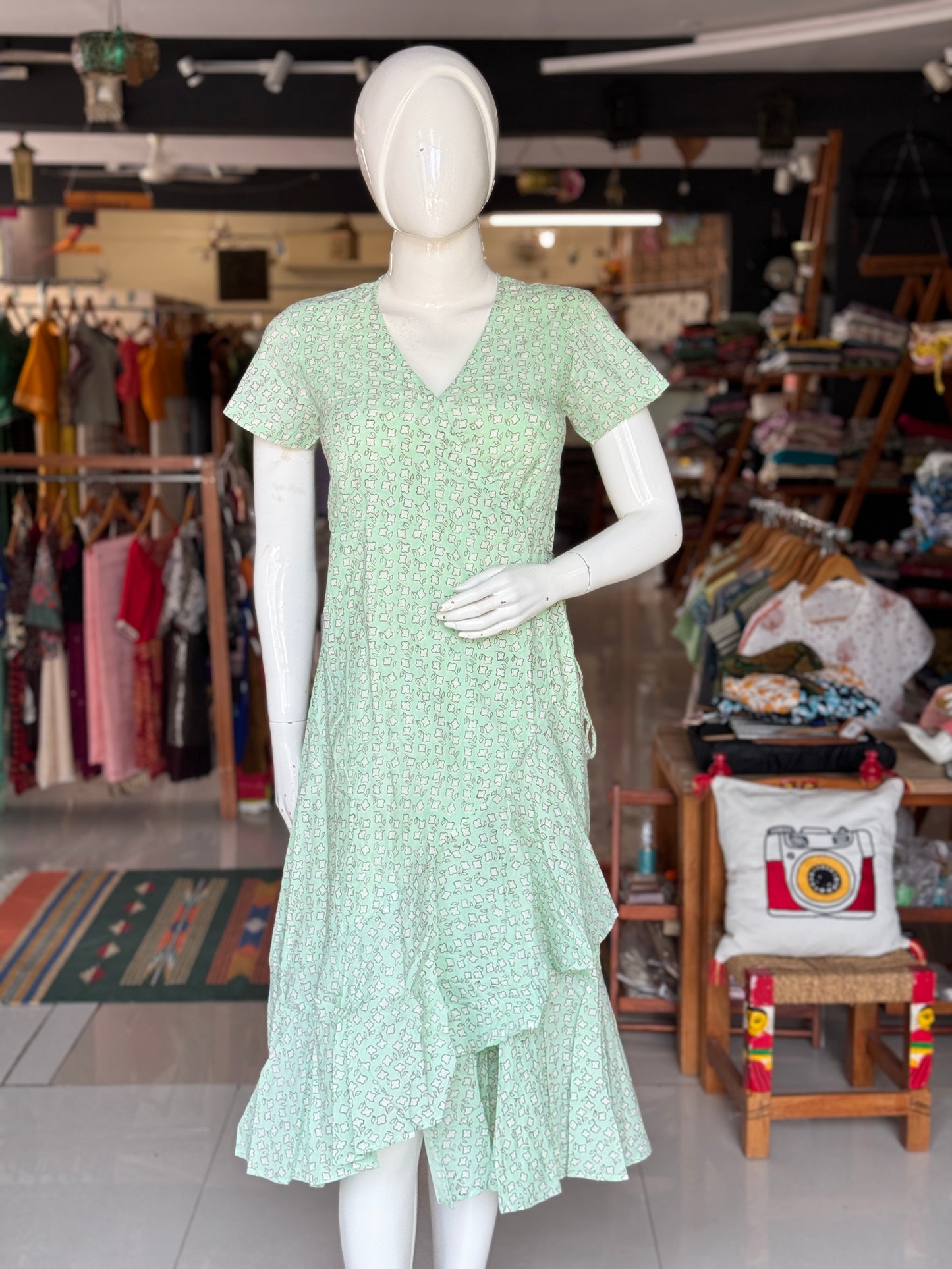 Mint green hand block printed wrap style cotton dress
