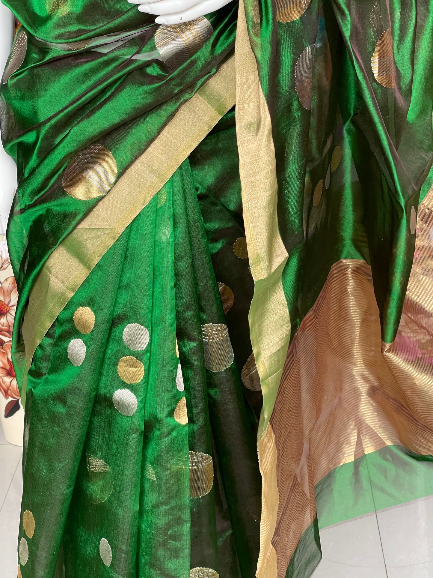 Green Chanderi silk handwoven saree with gold and silver ball butis