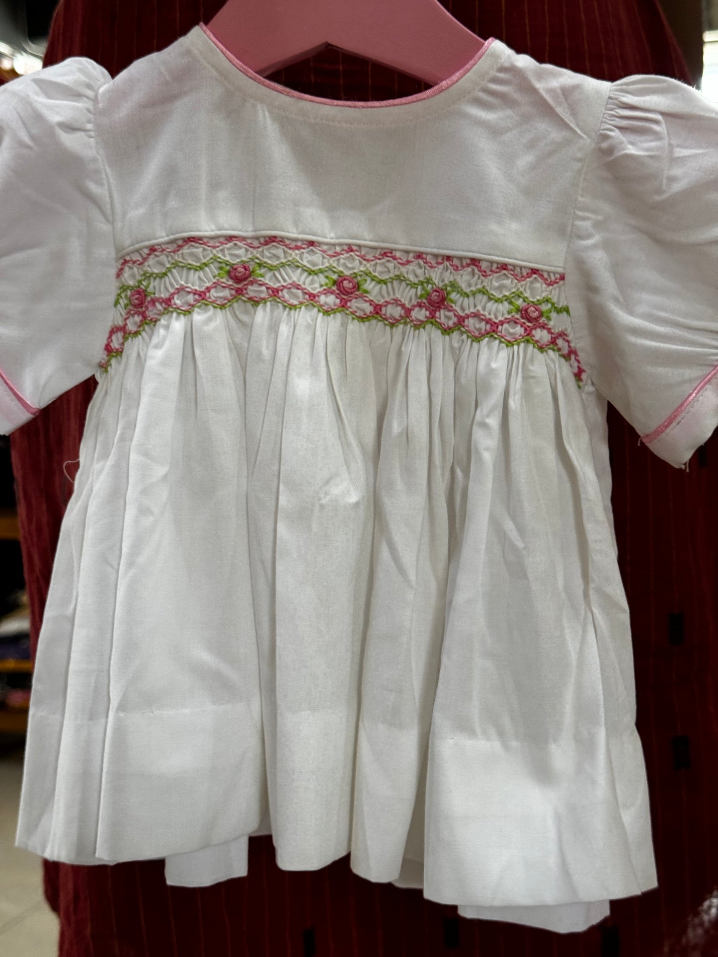 White hand embroidered smocking frock for little girls