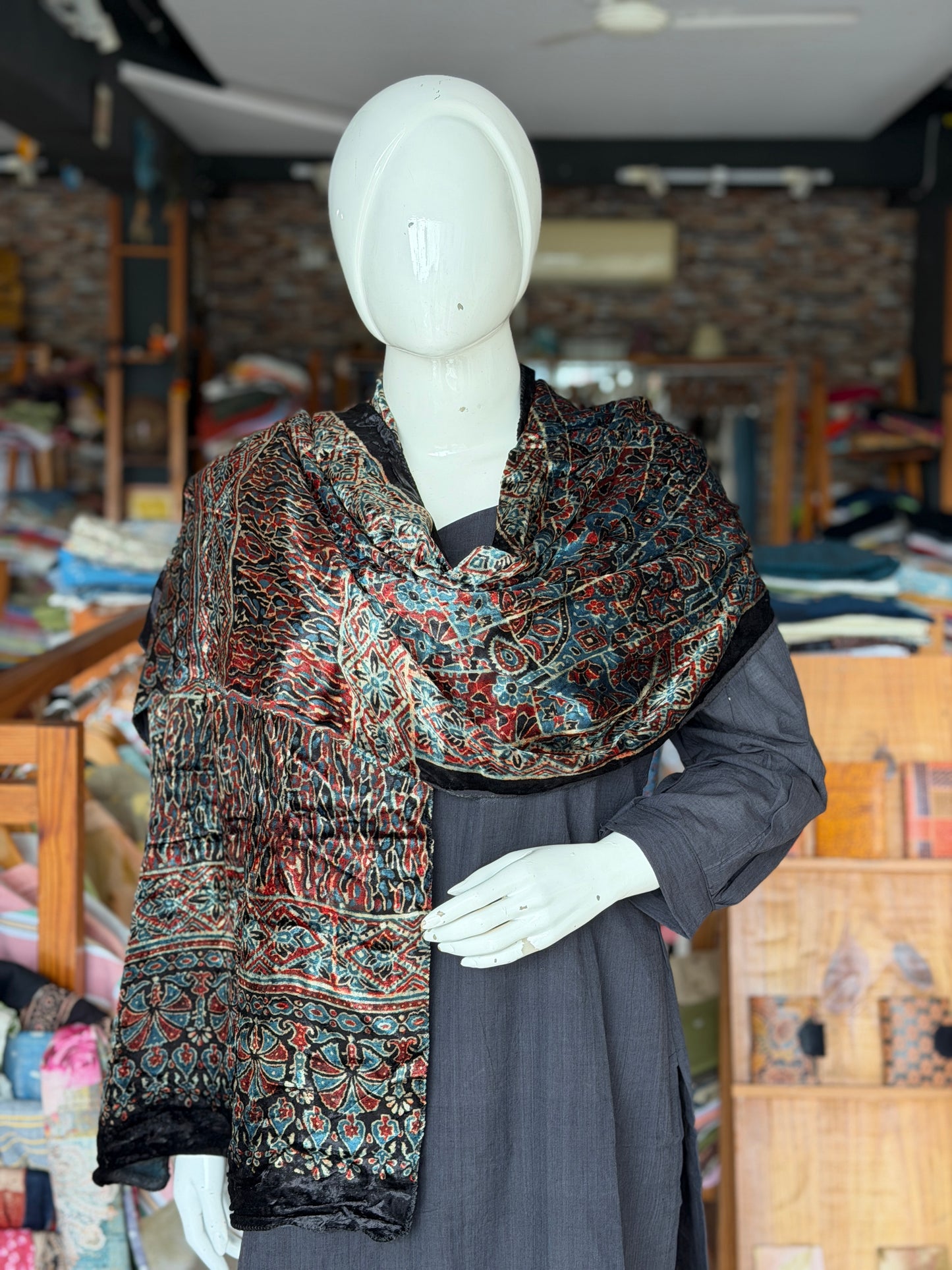 Luxurious Ajrakh hand block printed velvet stole