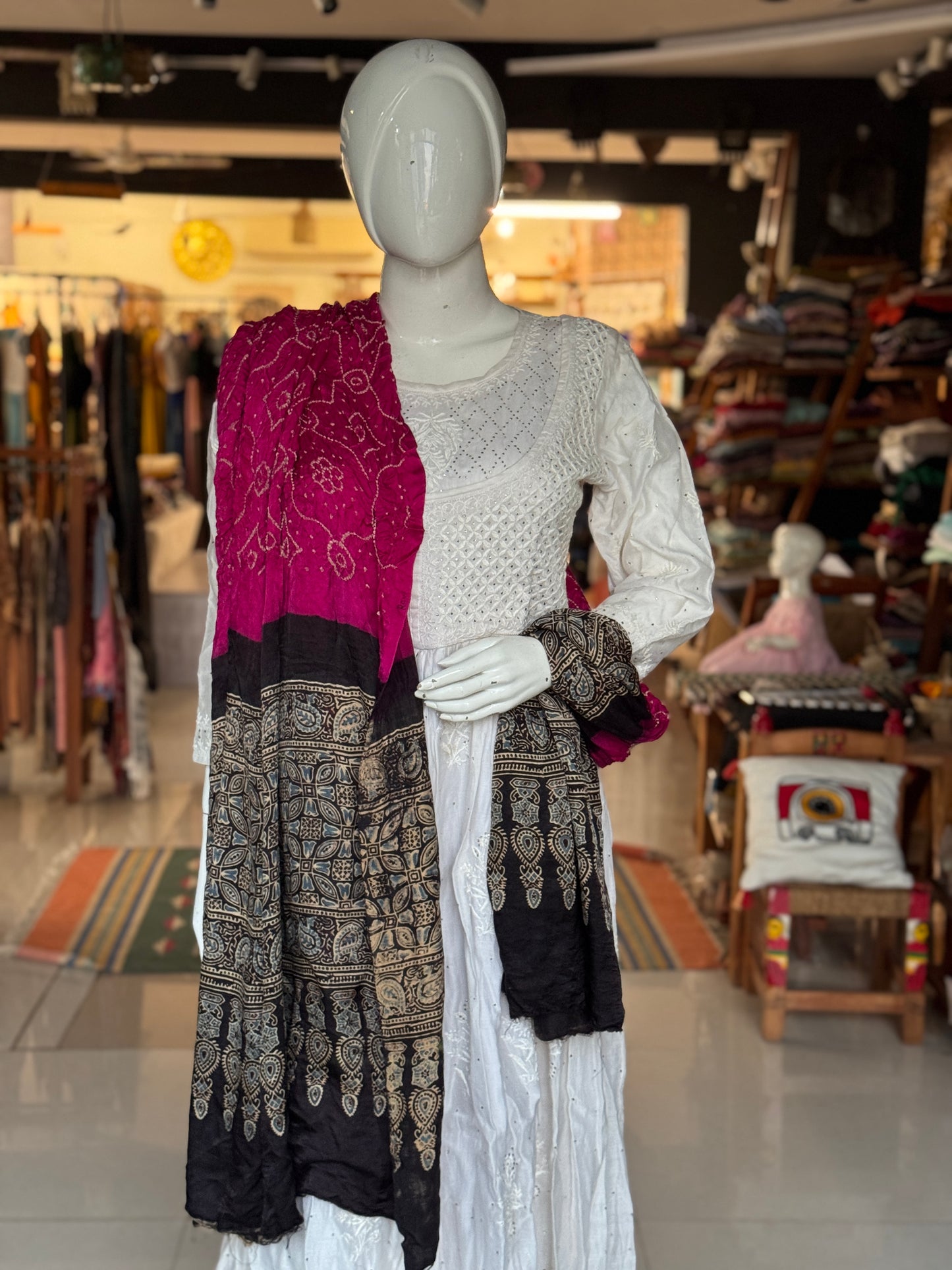 Ajrakh bandini tie dye gajji silk dupatta - fine Bandhej with hand block Ajrakh