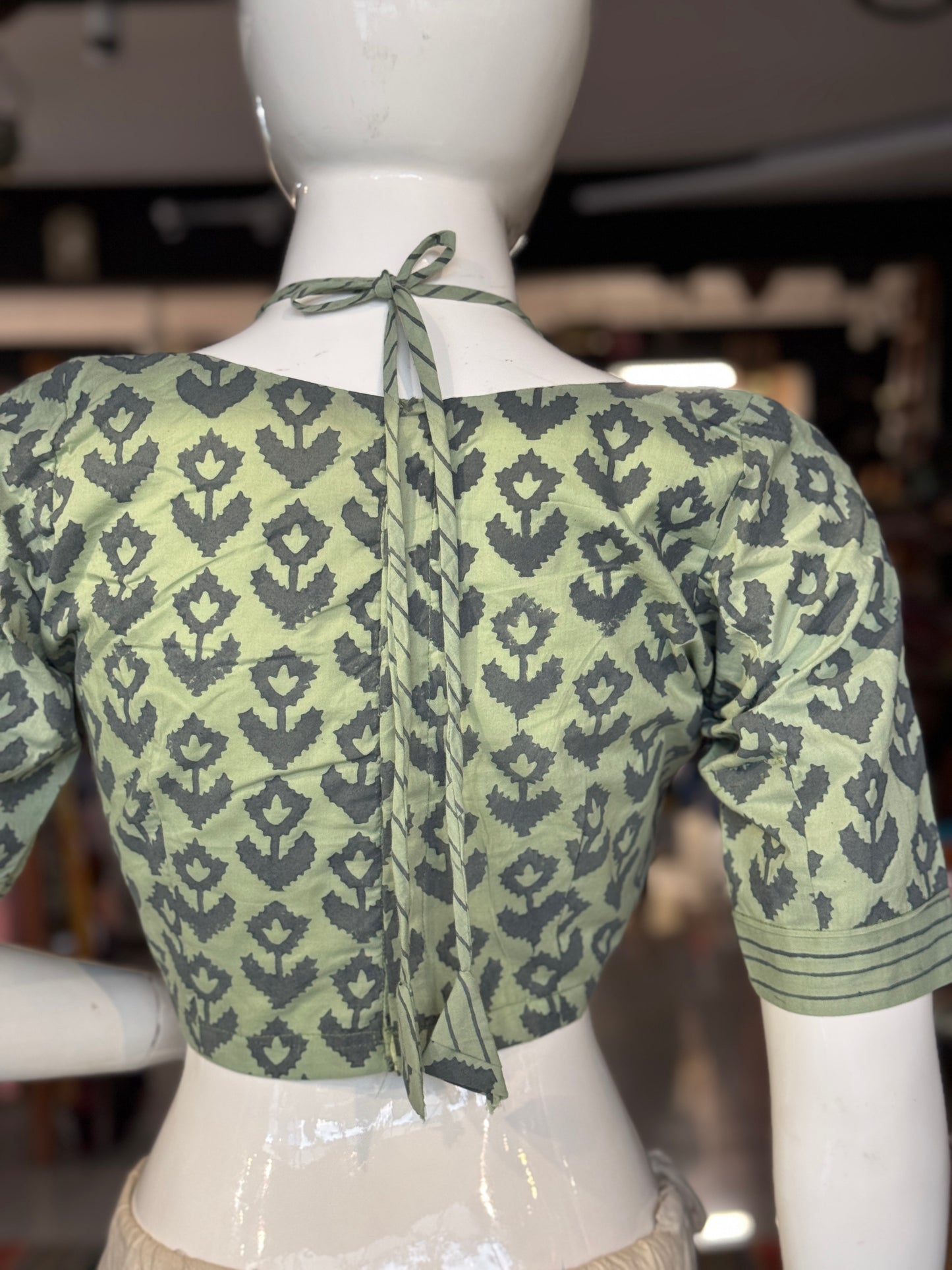 Green hand block printed fancy double blouse style cotton designer blouse
