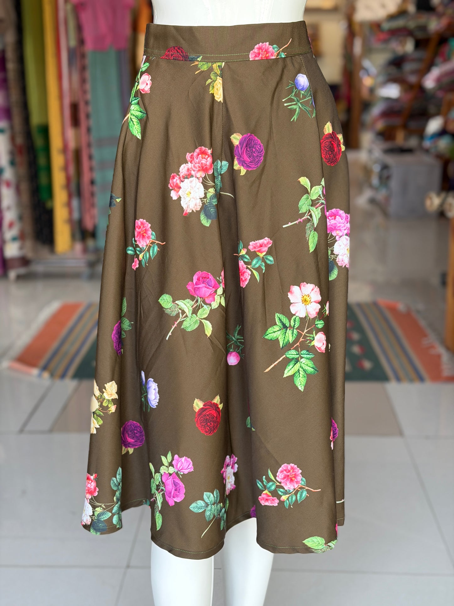 Olive green digital floral print umbrella skirt