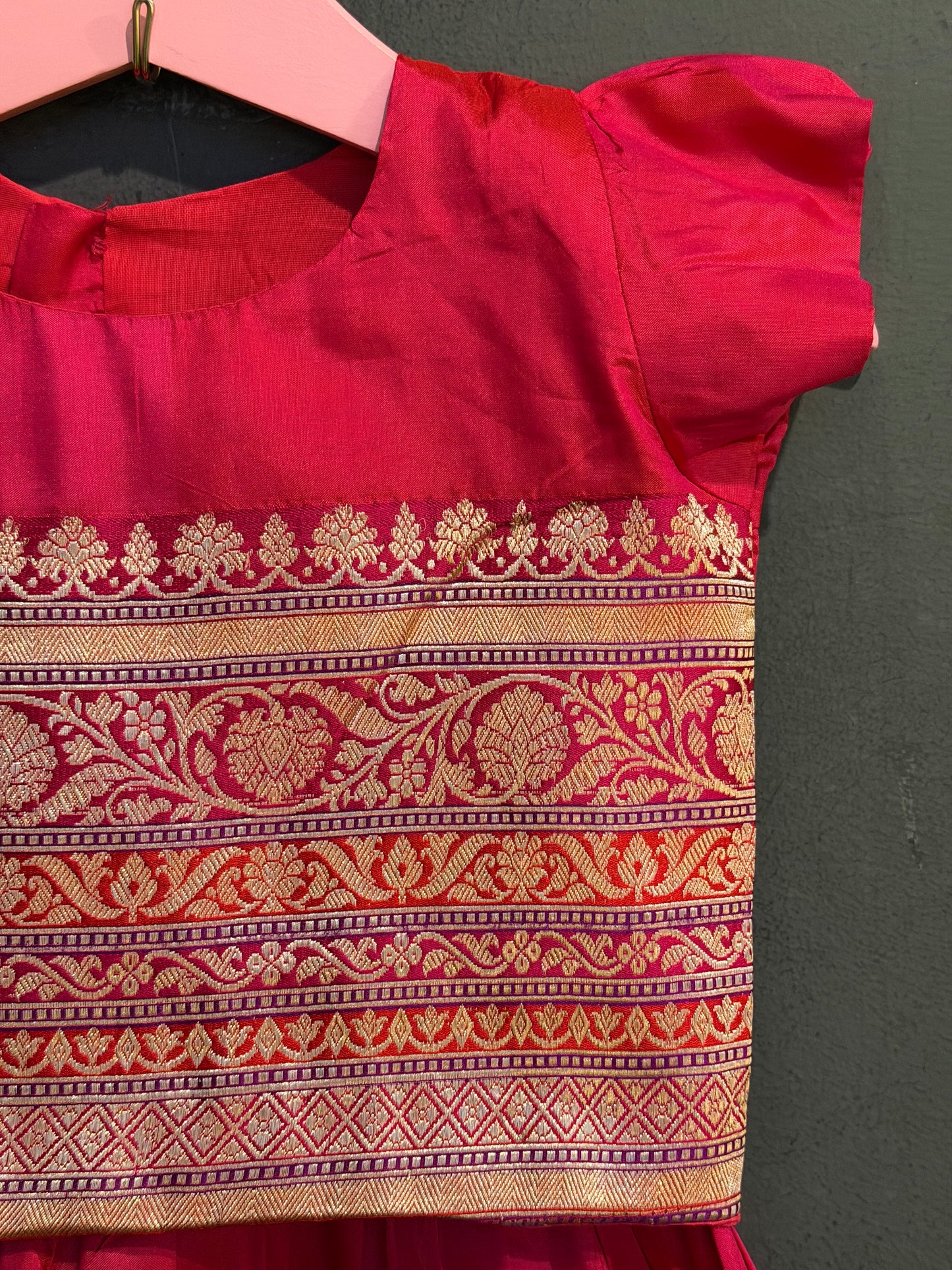 Pink handwoven pure silk lehenga (pattu langa jacket) blouse set