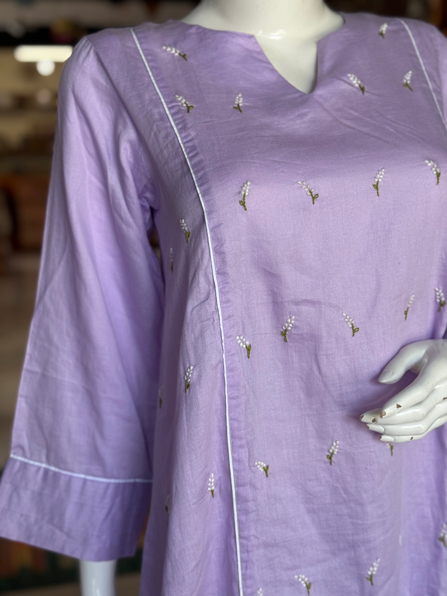 Lavender hand embroidered cotton a-line kurta n pants - 2 piece coord set