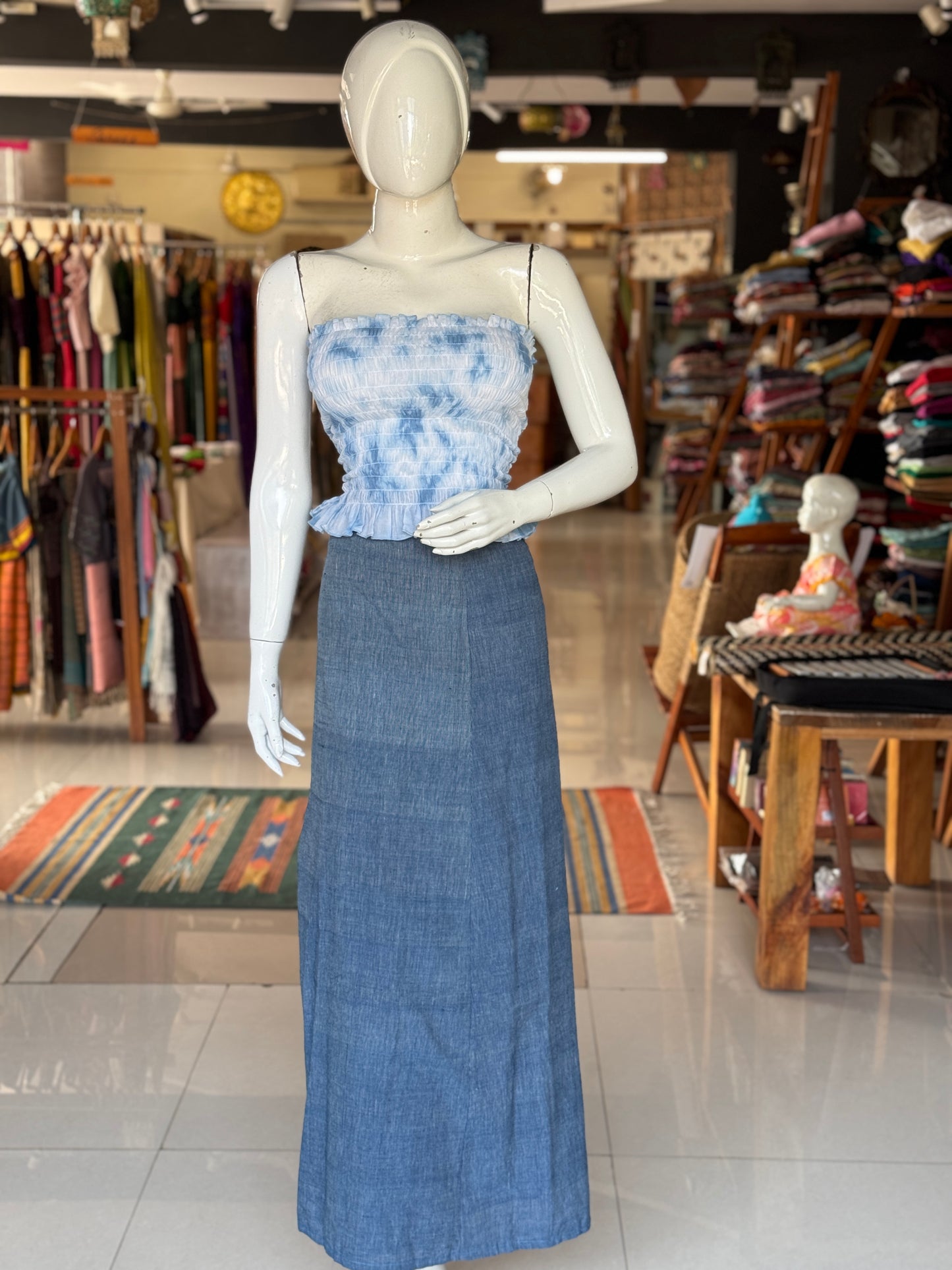 Blue natural dyed, tie n dye,  mul cotton smocking tube crop top / blouse