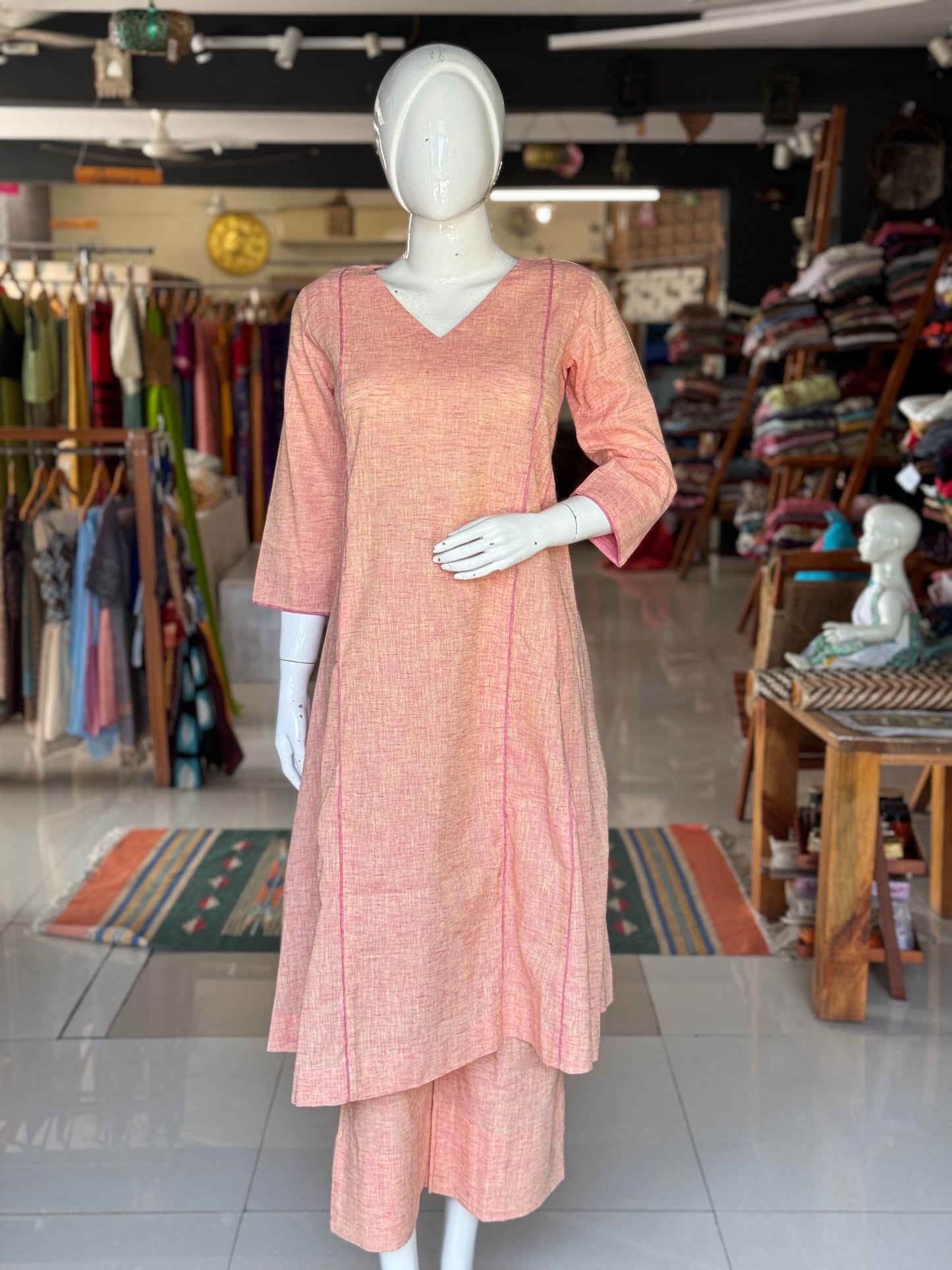 Yellow Pink v-neck panels cotton kurta n pants - 2 piece coord set