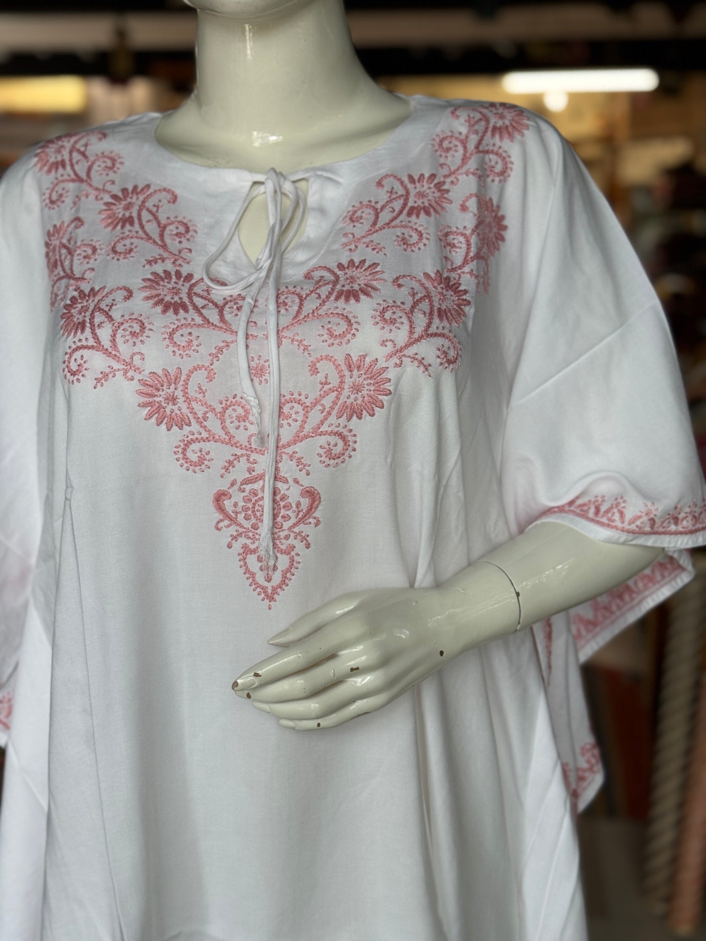 White Chikankari hand embroidered cotton kaftan