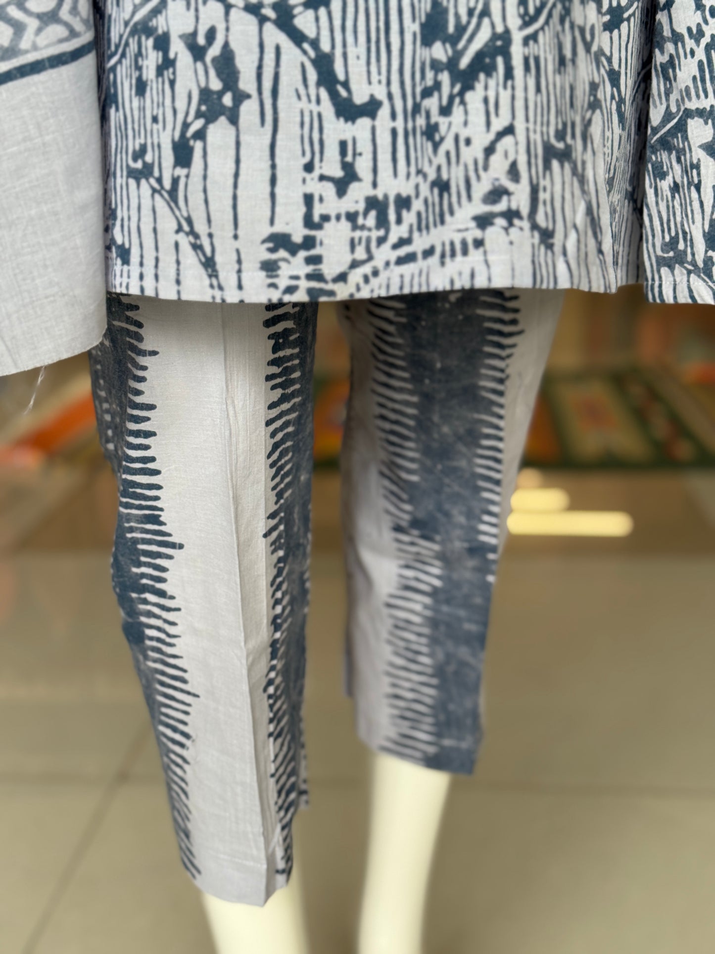 Greyish blue leaf pattern soft batik cotton a-line kurta, dupatta and pants -  3 piece suit set