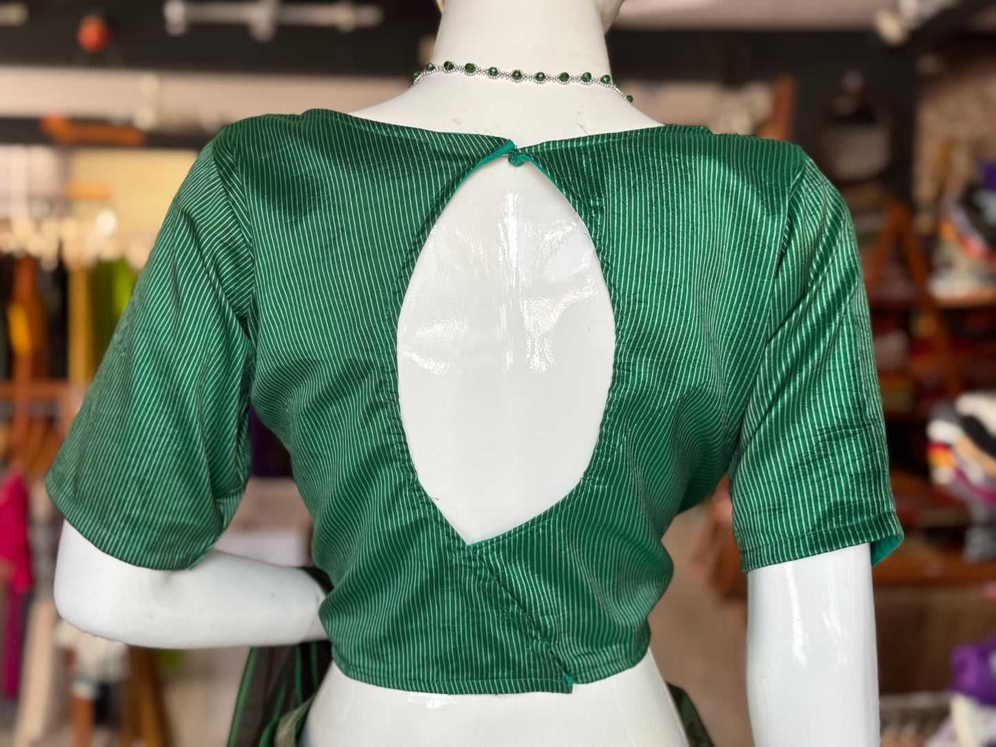 Green and silver stripes pure silk blouse
