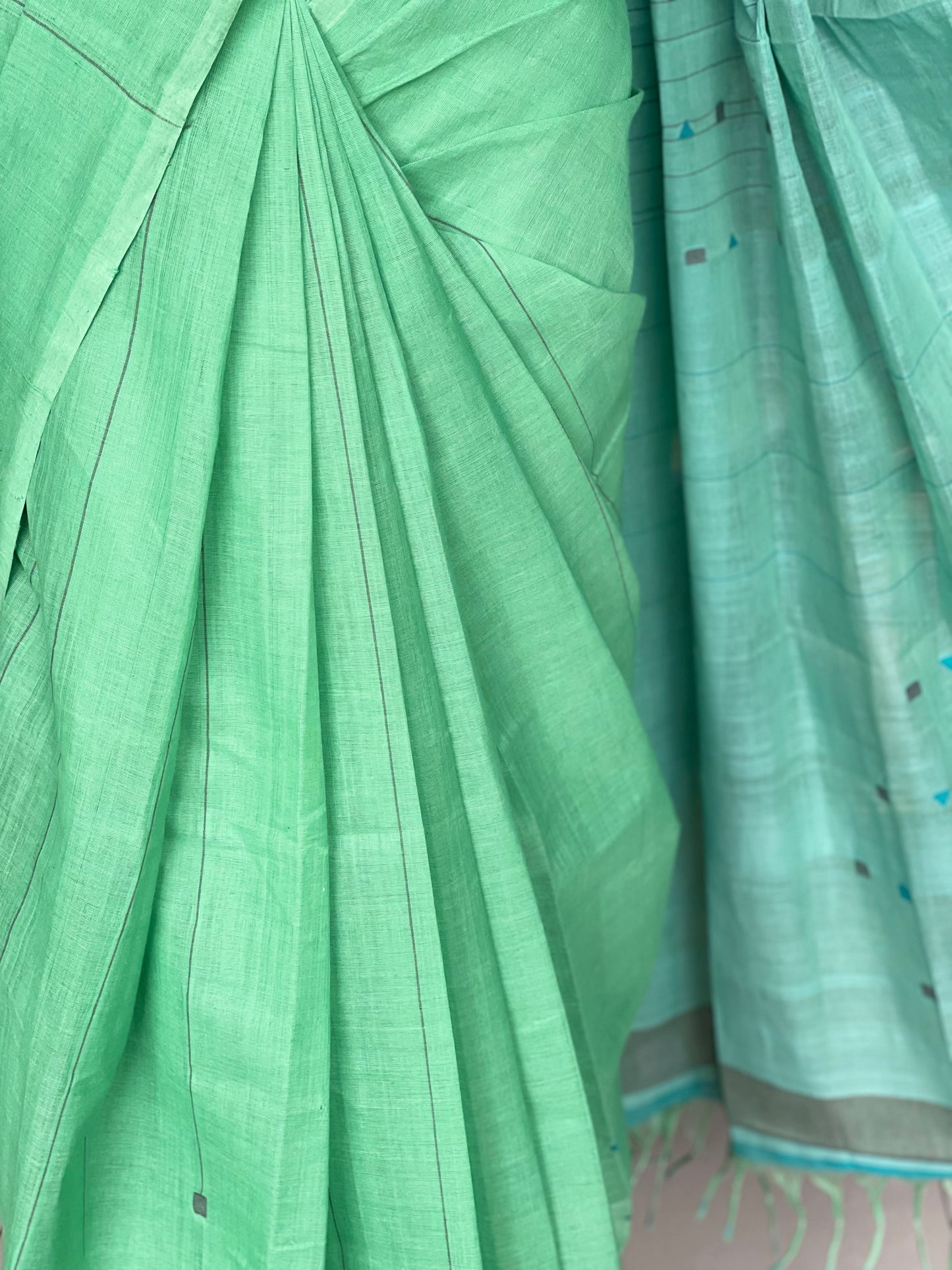 Serene Green and blue hand spun hand woven cotton saree with geometric butis