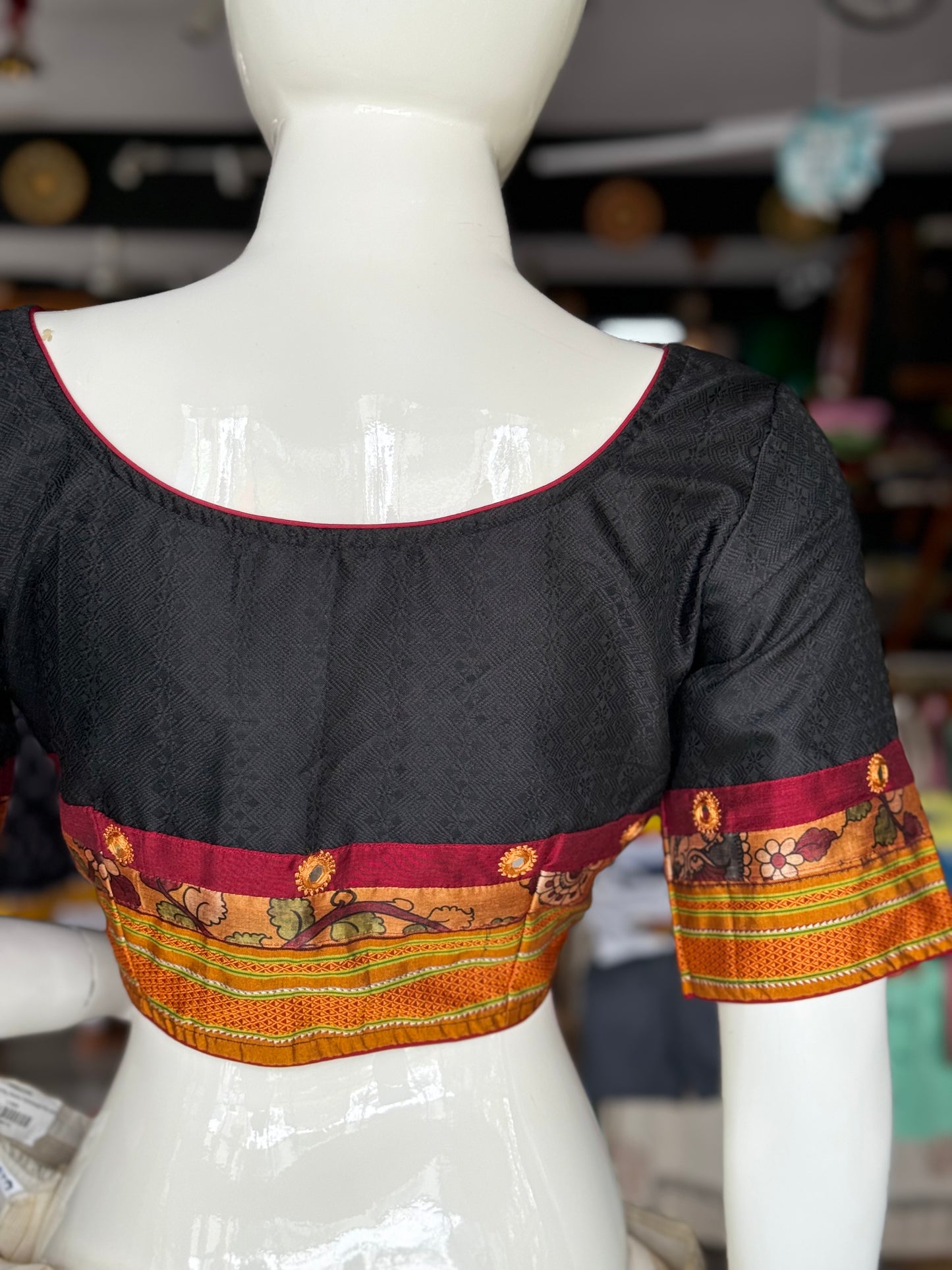 Black Khun blouse with mirror work and orange border