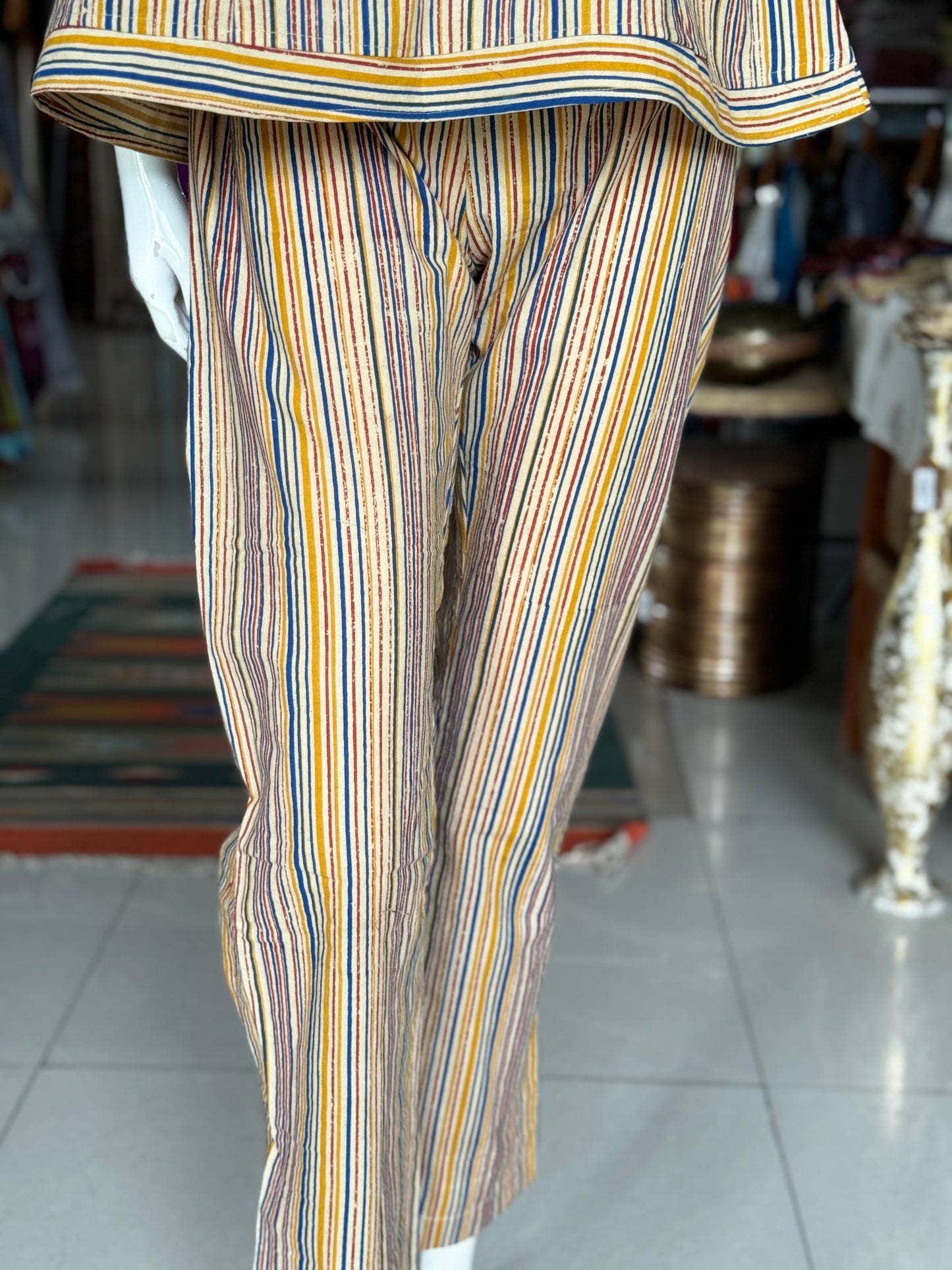 Kalamkari stripes hand block printed cotton straight pants