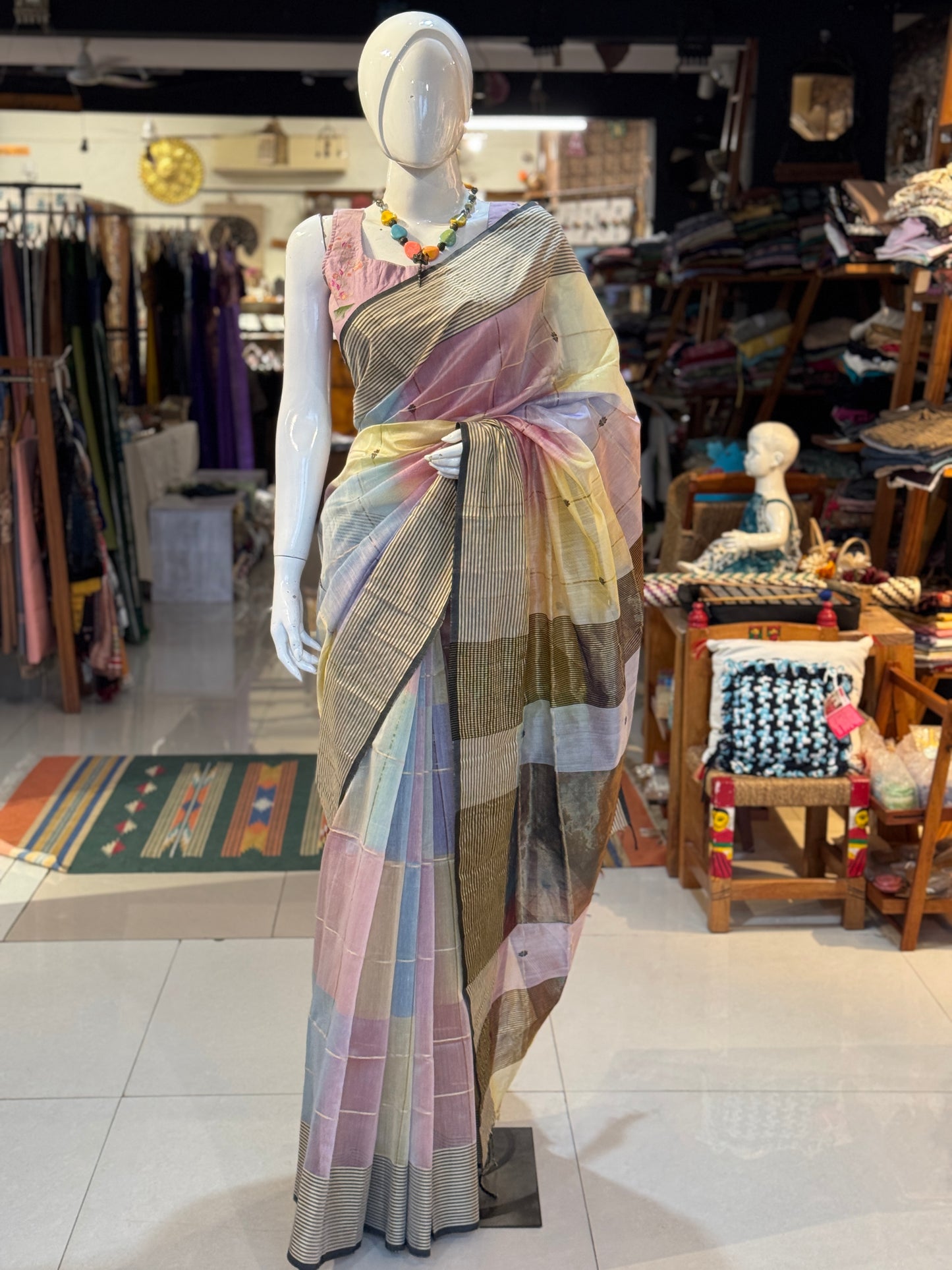 Multi color star buti stripes silk cotton Maheshwari handloom saree