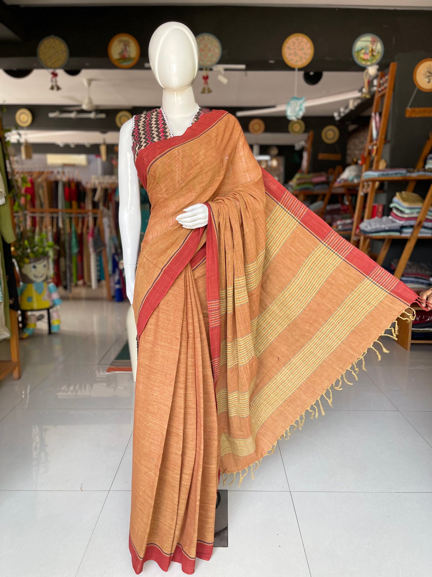 Orange natural dyed, hand spun, hand woven plain cotton saree