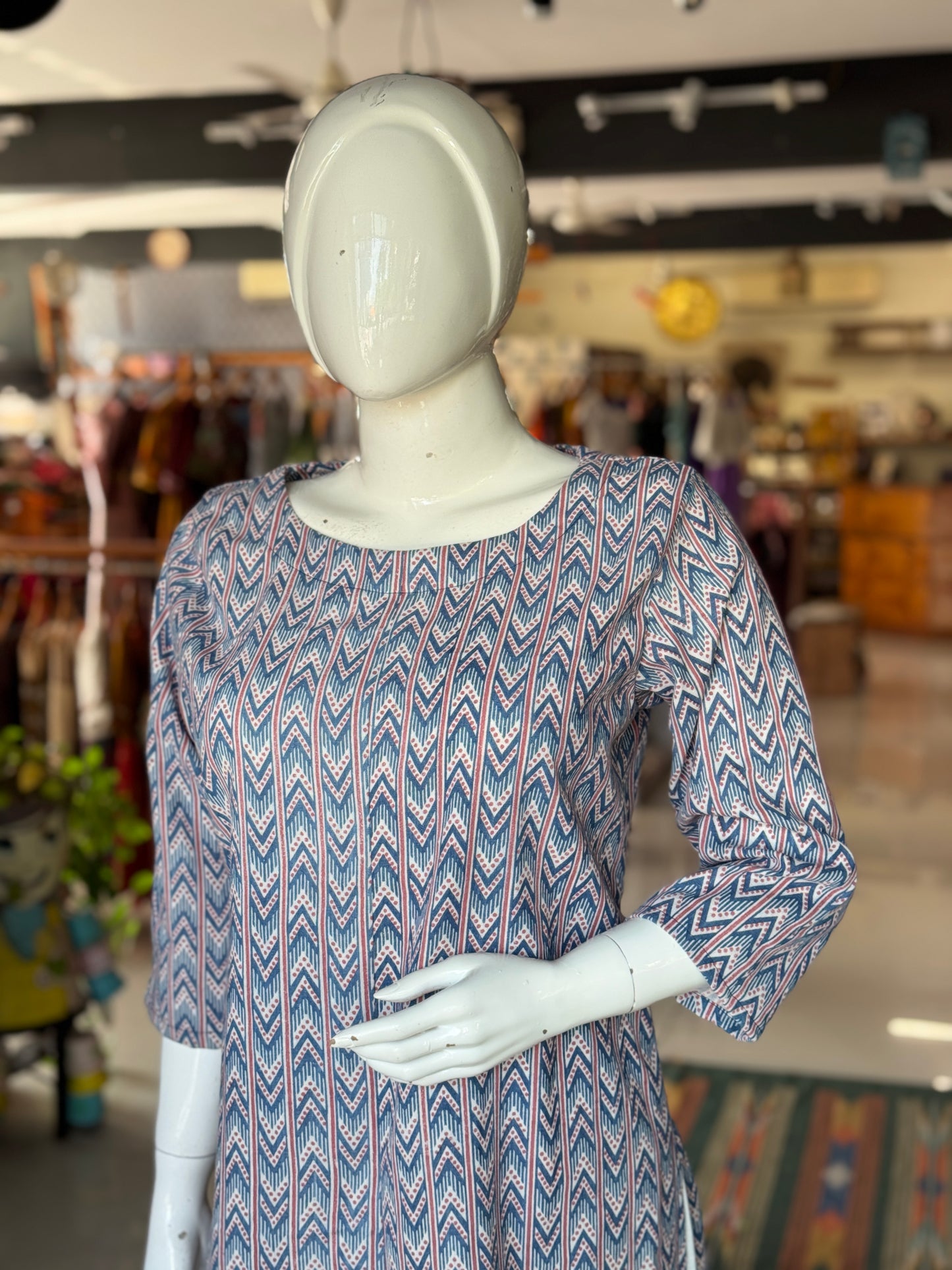 Blue chevrons straight kurti - handwoven, natural dyed cotton straight kurti