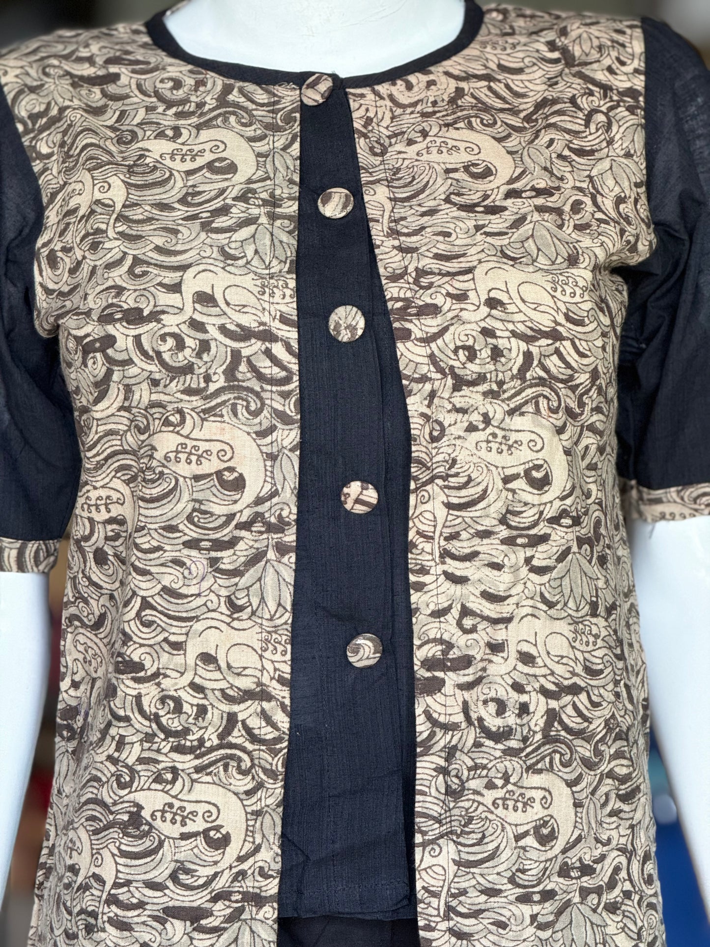 Black hand block printed handloom cotton shirt tunic with fabric buttons