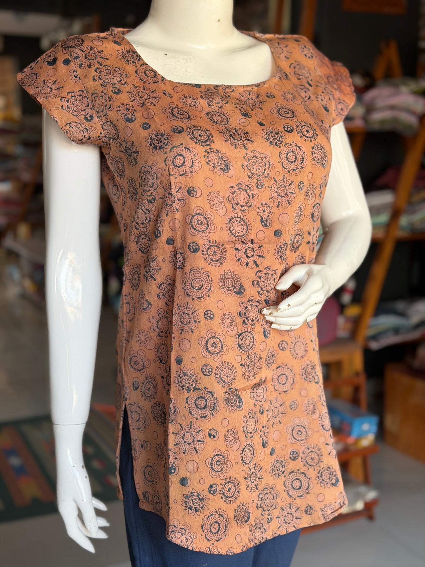 Blue flowers n circles on beige short kurti top - hand block printed, natural dyed, Kalamkari satin cotton top