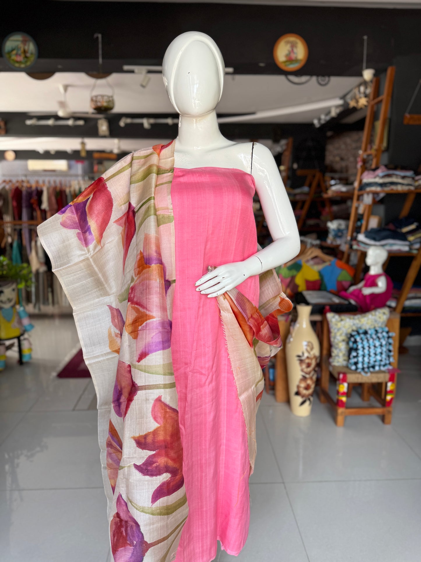 Pink n purple flowers on cream base - hand painted tussar silk floral dupatta