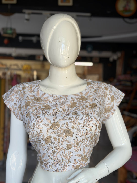 White and brown hand block printed cotton short top / blouse