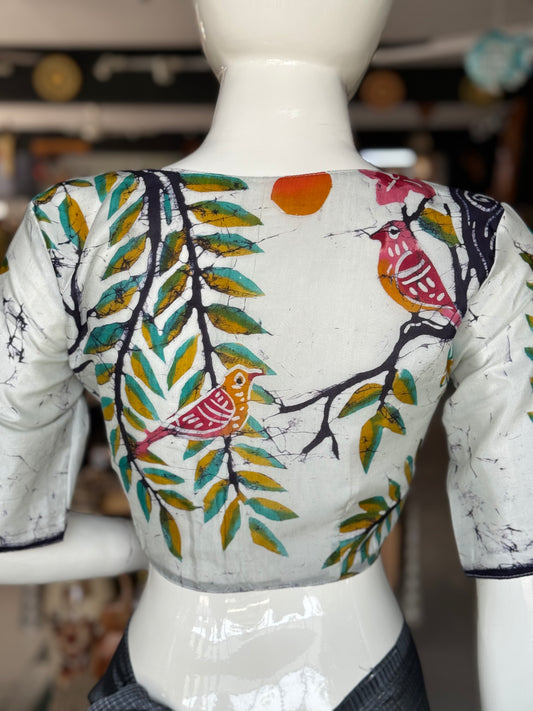 White silk batik blouse with leaves and birds design