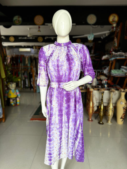 Purple and white hand block tie dye collared cotton dress with belt