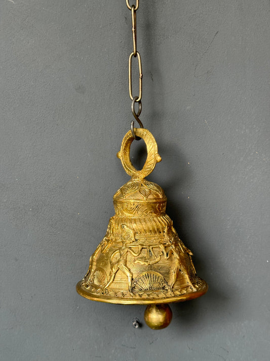 Big hanging bell with tribal life design - brass dokra hand crafted decor