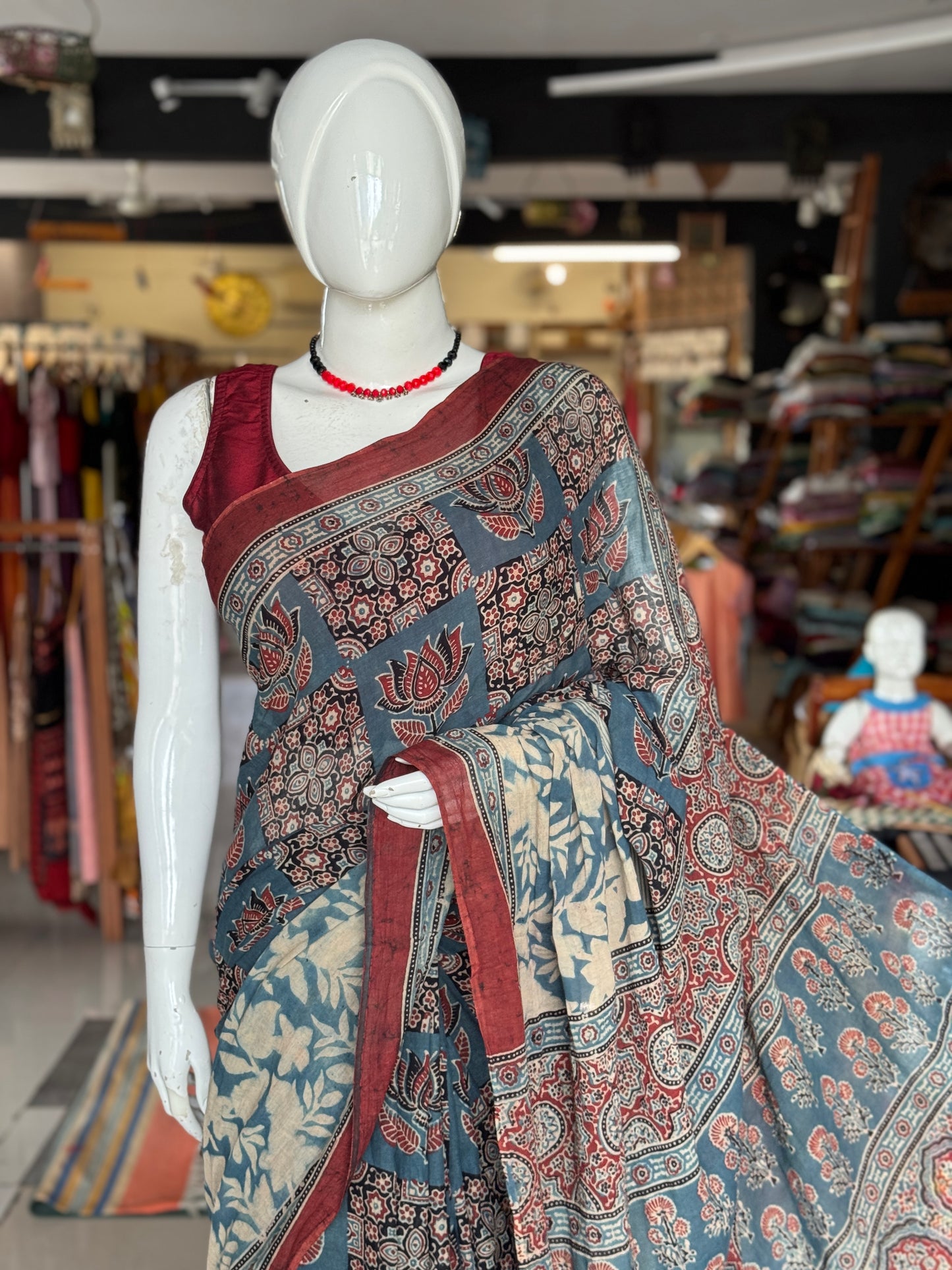 Indigo floral design Ajrakh hand block printed soft mul cotton saree
