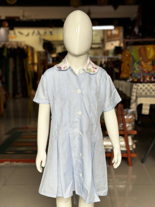 Light blue checks box pleated frock with embroidered collar