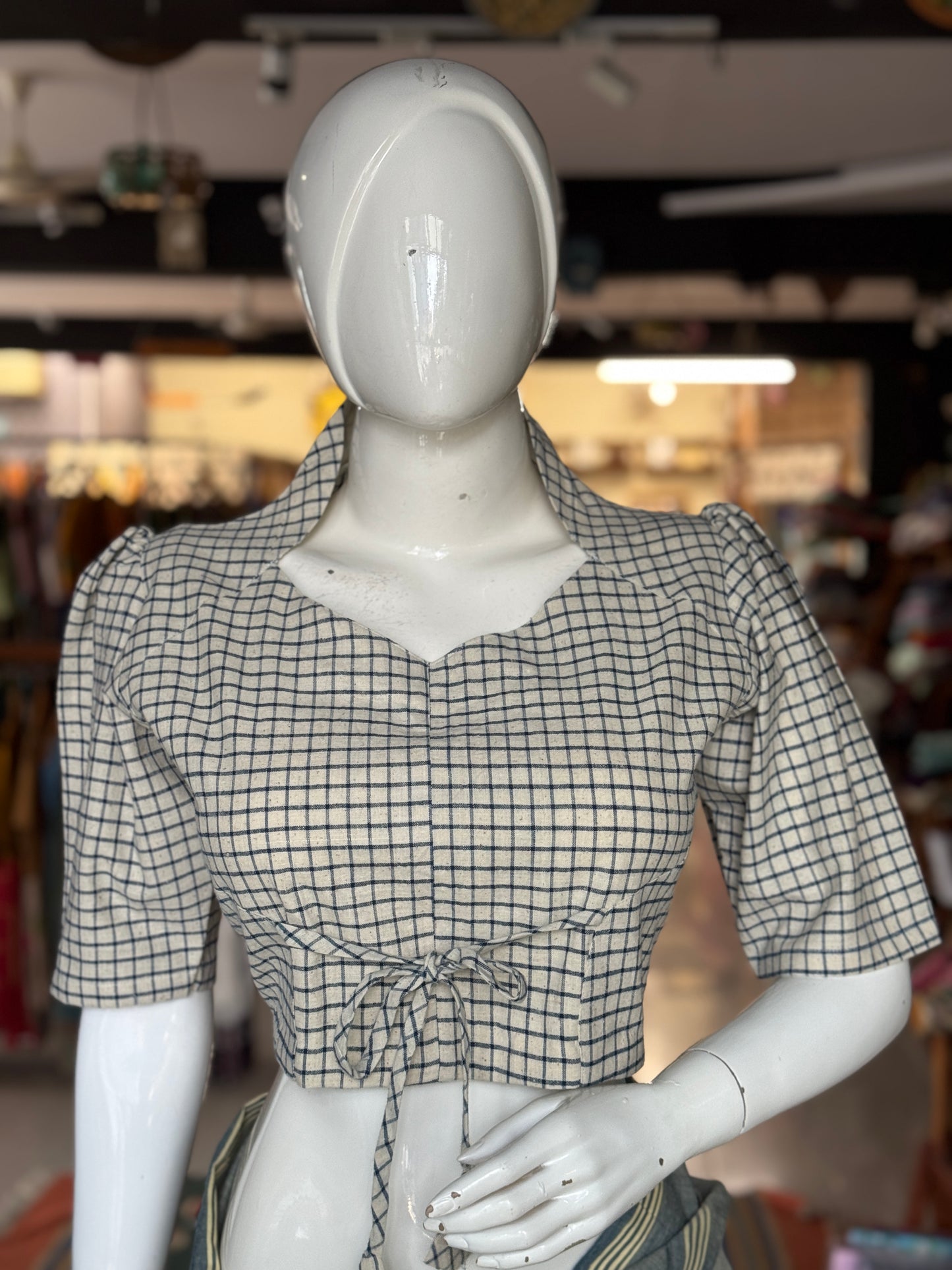 Off White n blue checks natural dyed, hand woven cotton blouse with standing collar, front tie and back hole