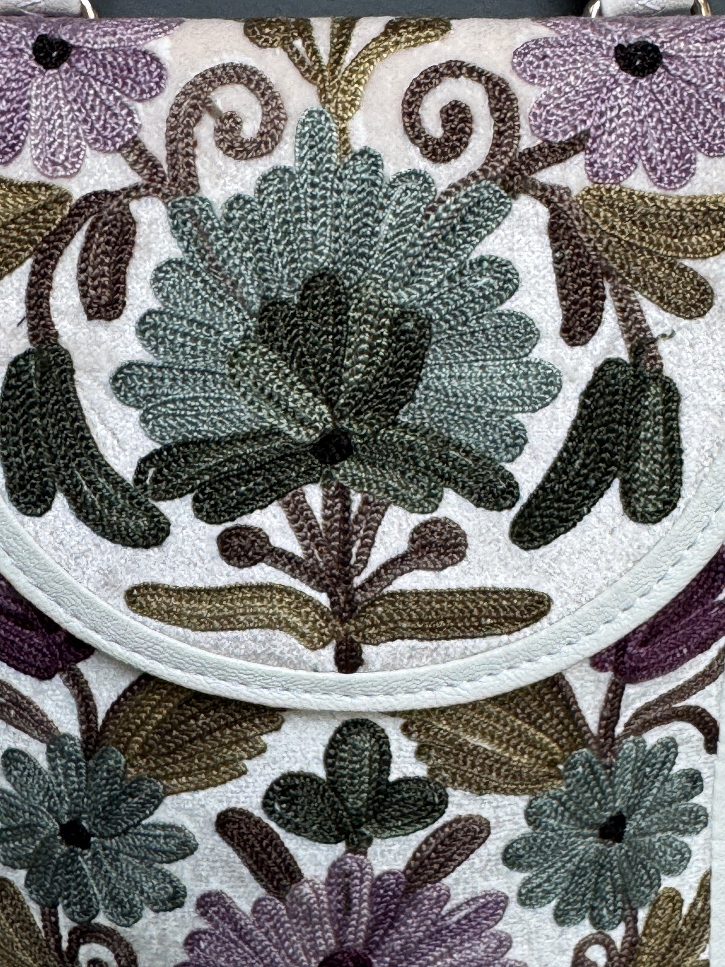 Mobile phone sling pouch - Kashmiri floral Aari embroidered with adjustable length strap and zippered back pocket - colors available